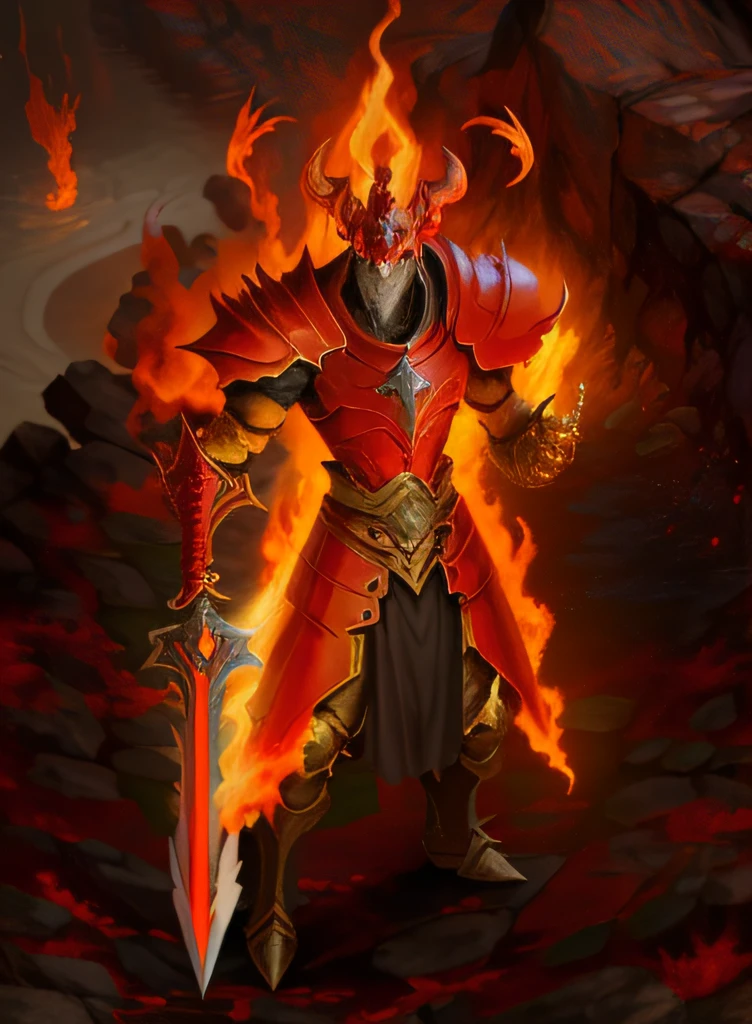 Close-up of fire demon holding a sword in the stone area, flame conjuring armored, ruler of inferno, black fire color reflected armor, fire demon, pyromancer, Diablo, fire giant, Demon armor, minotaur from path of exile, Diablo 2, Diablo 4, firemage, lord of cinder, Red demon armor, holy flame spell
