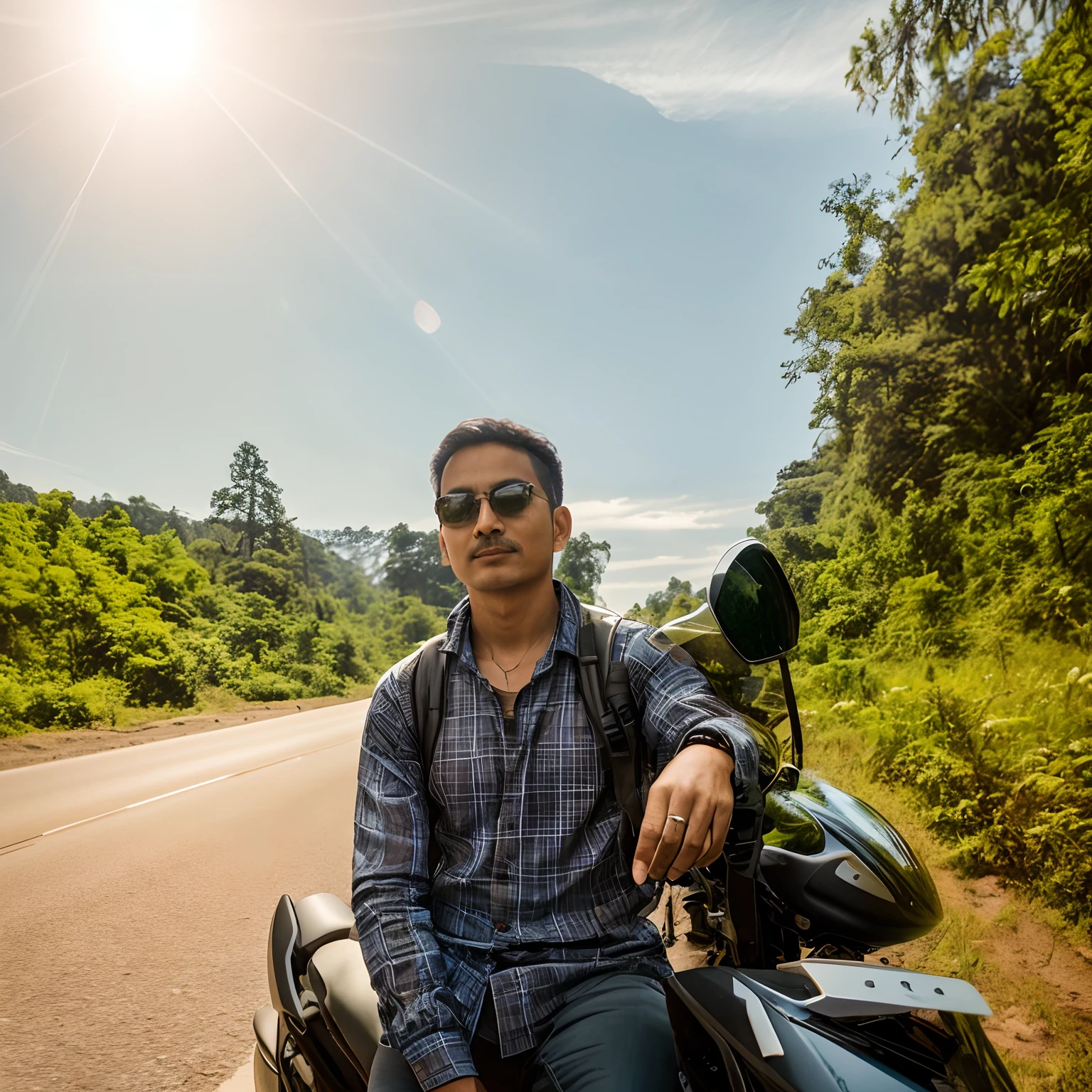 there is a man sitting on a motorcycle on the road style, in front of a forest background, without helmet, taken with sony alpha 9, standing in road, amidst nature, riding on the road, in sunny weather, shot on nikon z9, with a cool pose, with vibrant sky realistic ultra 8k