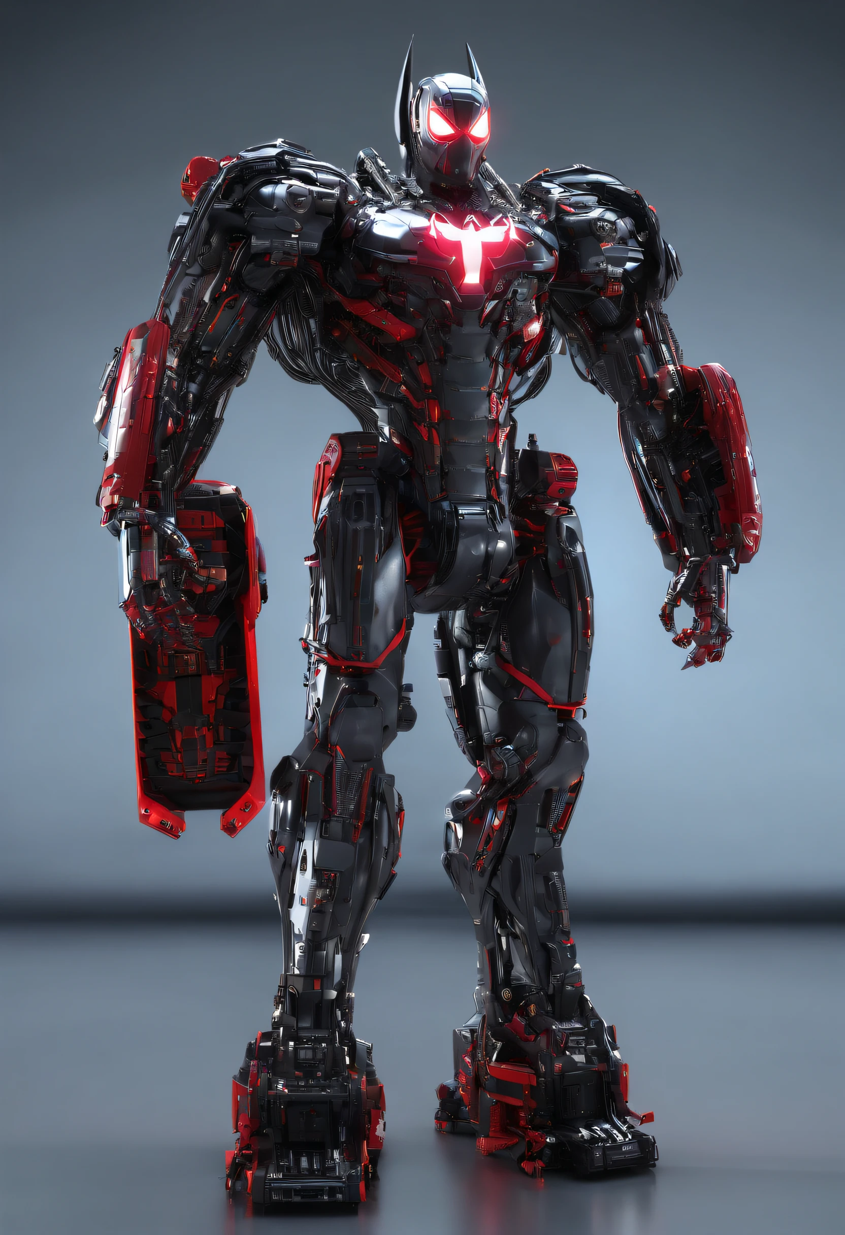 Spiderman mixed with batman mecha, science fiction, front view, Sense of technology, C4D, Oc renderer, unreal engine, high detail, industrial design, 8k HD, studio light, retro