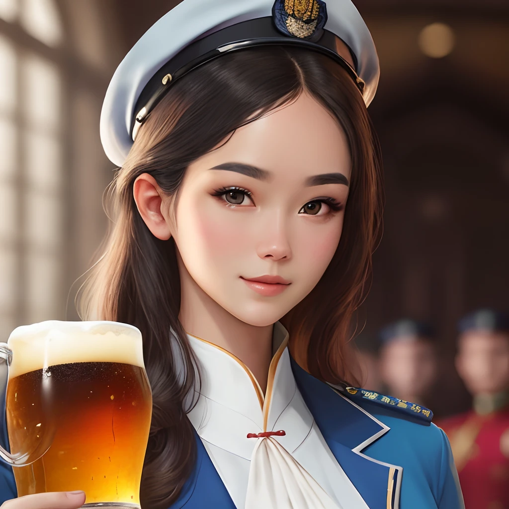 Close-up of a woman in a white uniform posing for a photo, eye looking to camera，girl in uniform, Bright, uniform background, in a soldier uniform, uniform background, in a soldier uniform, in a soldier uniform, wearing headmistress uniform, White uniform, Dressed in uniform, in a soldier uniform, Palace ， A girl in Hanfu, royal elegant pose, close up portrait shot, officer, Beautiful digital artwork and hold a glass of beer