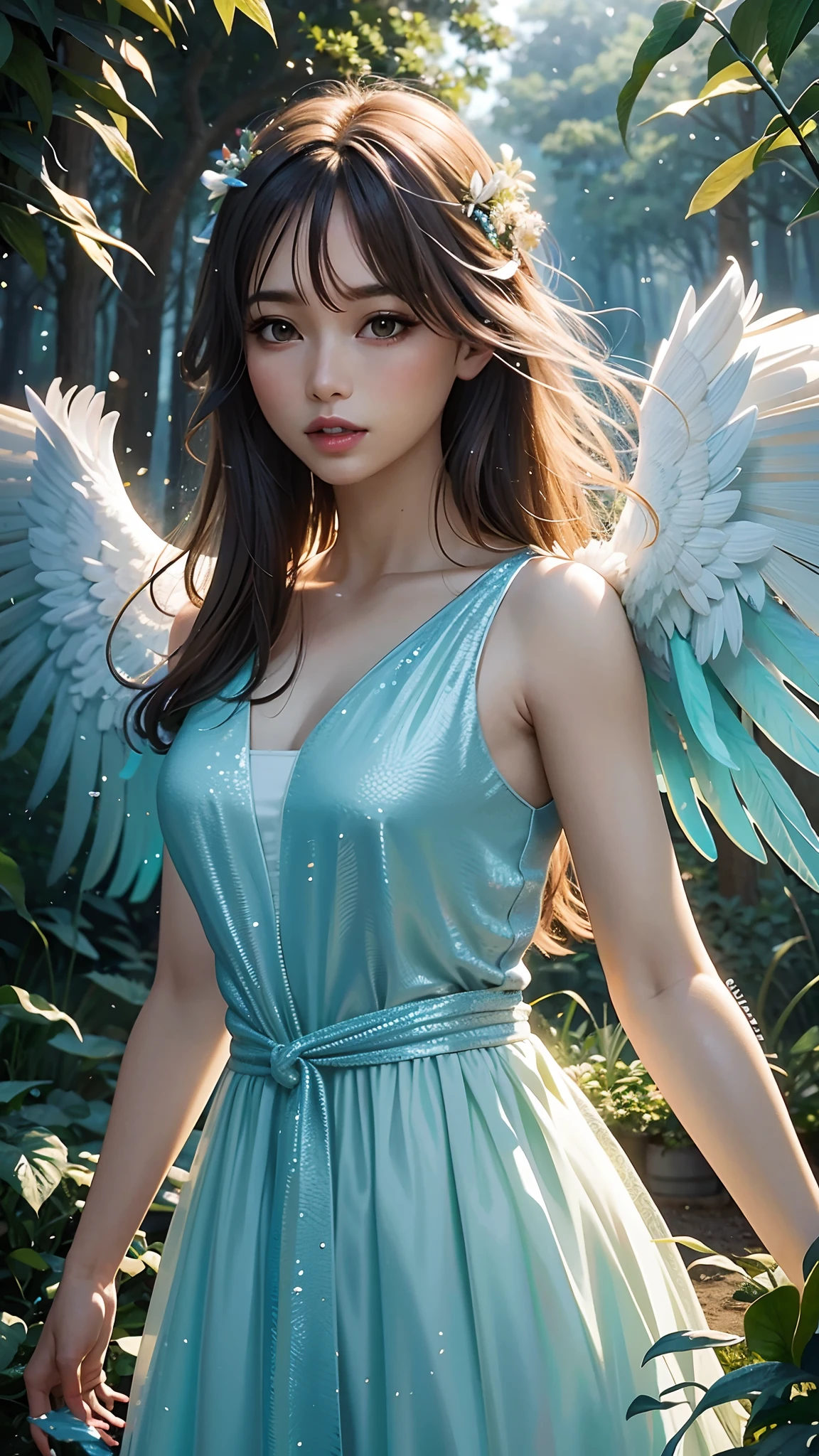 A serene summer scene with an ultra-high-definition, realistic angel flying gracefully in the sky,
The angel is facing towards the camera with lifelike facial features and detailed textures,
The angel has intricately detailed white wings, fully extended as it soars through the air in an elegant, natural pose,
Hair flowing gently in the wind, with realistic light reflections and highlights, emphasizing the sensation of movement,
The background features a clear summer sky with a soft, highly detailed rainbow arching across it, enhancing the feeling of wonder and beauty,
Soft, white clouds accompany the rainbow, adding depth to the sky,
Below, a green land and blue ocean are visible from a high angle, with realistic lighting and shadows,
The landscape features gently rolling hills and a distant, vividly detailed sea, as seen from a high vantage point,
The image is captured in a vertical 9:16 aspect ratio, emphasizing ultra-realistic textures, depth, and the dynamic nature of flight