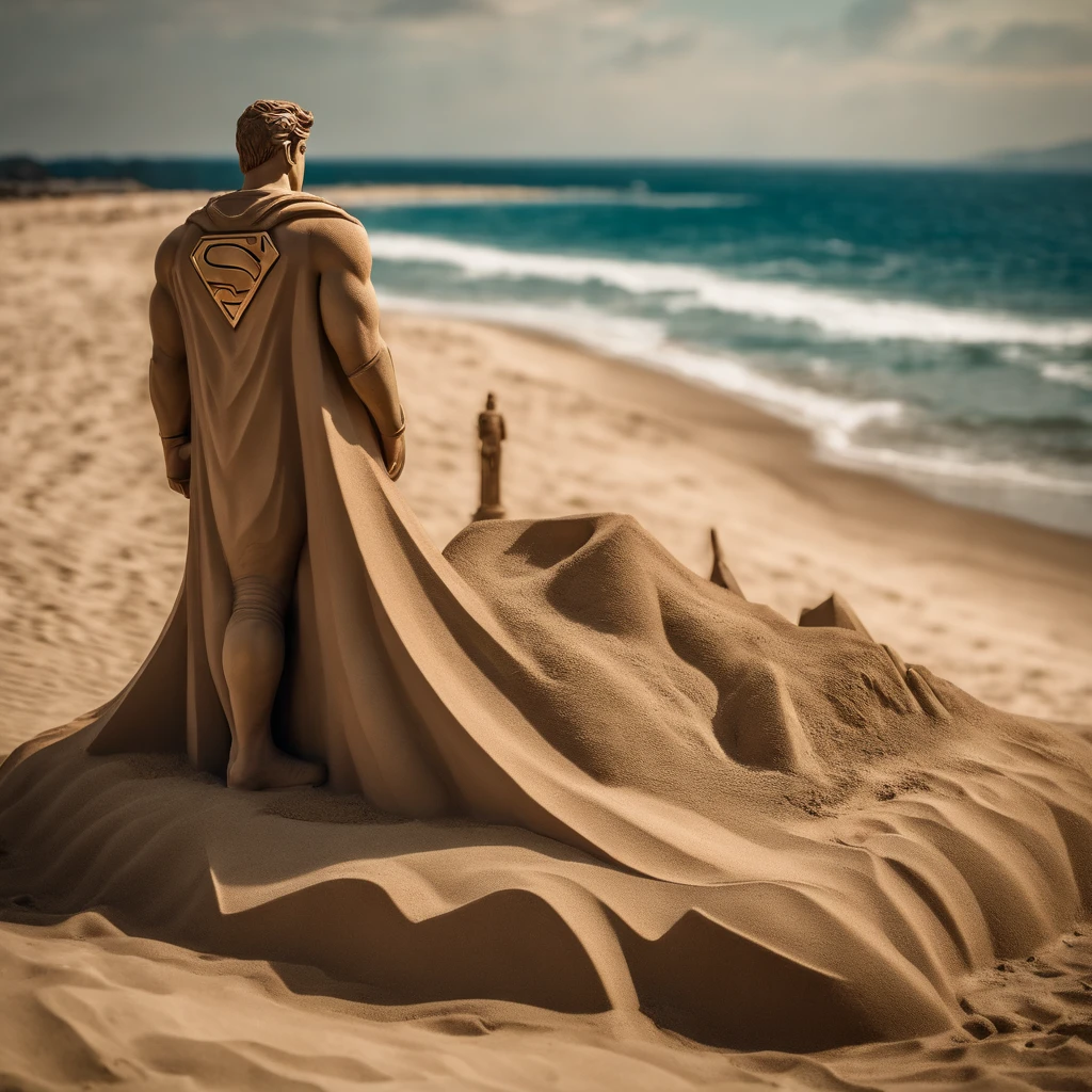 Sand statue on the beach in the shape of Superman , 8k, cinematic, vintage
