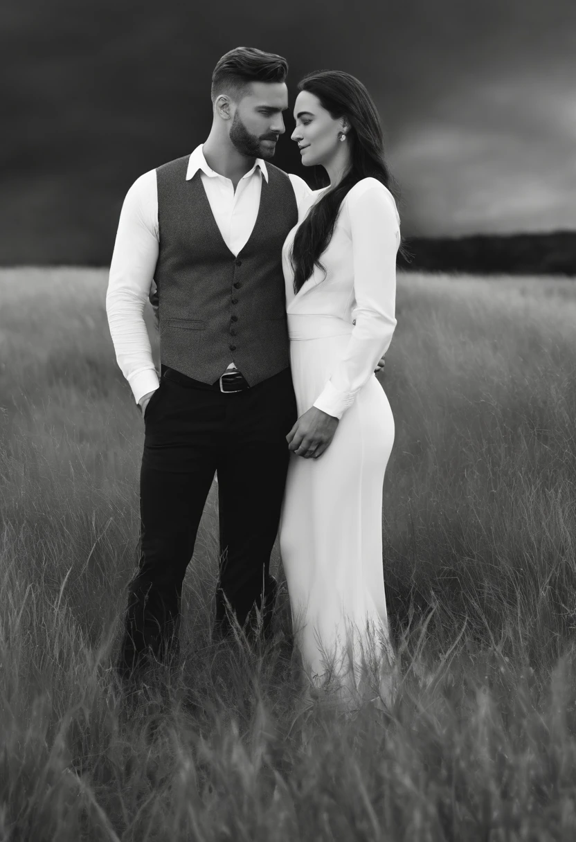 a couple,  handsome men and beautiful woman, Embraced, in the grass, field, grass, cuddleso men, back to back, 4k, illustration, digital drawing, animification, gay, couple, illustrate