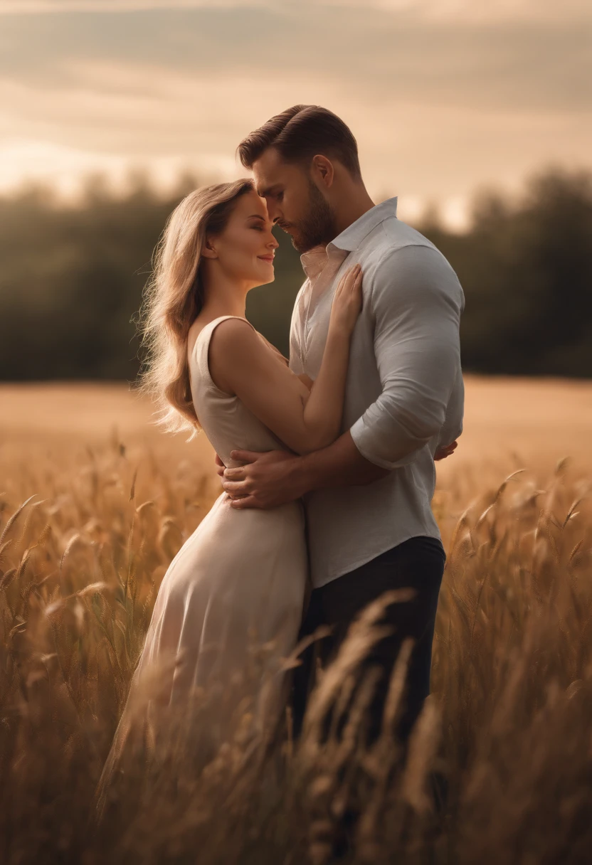 a couple, handsome men and beautiful woman, Embraced, in the grass, field, grass, cuddleso men, back to back, 4k, illustration, digital drawing, animification, gay, couple, illustrate