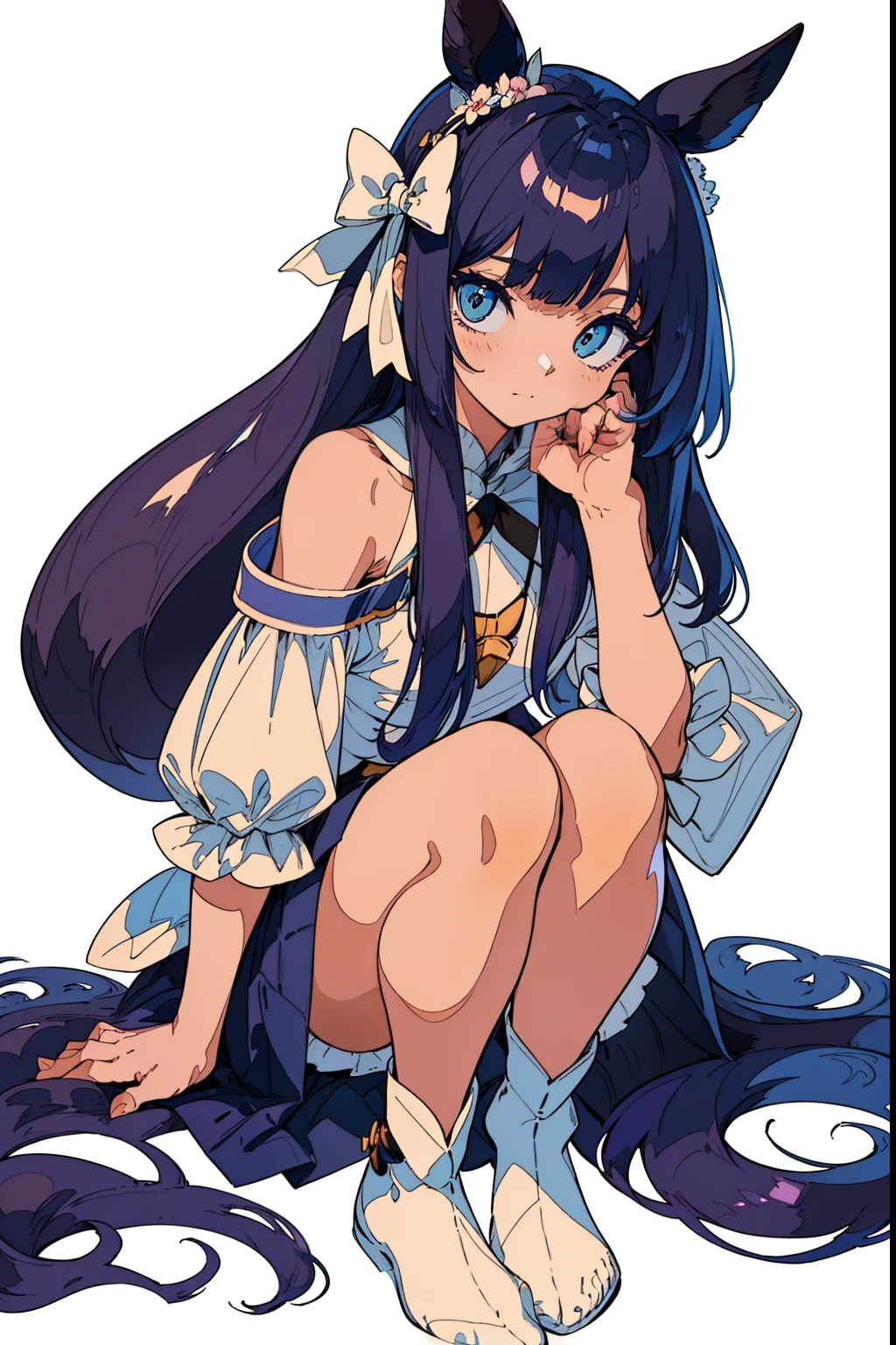 Best Quality:1.3, Extremely detailed, illustratio: 1.3, Concept art:1.2,1girl in,((Uma Musume Full Body Illustration)),、(((White background)))、(full_Body)、(From head to foot), (extremely delicate and beautiful fabric), Cute face, sparking eyes ,Lots of details, eye shadow, ((Indigo hair)),(((Dark blue hair))),((asymmetrical bangs)),Long hair,detailed clothes,Long hair,(Horse ears),(Umamusume),((petite girl in)),vacant eyes,Silent eyes,Dark eyes、Purple Uniform、Training Centre Gakuen、Hydrangea hair ornament