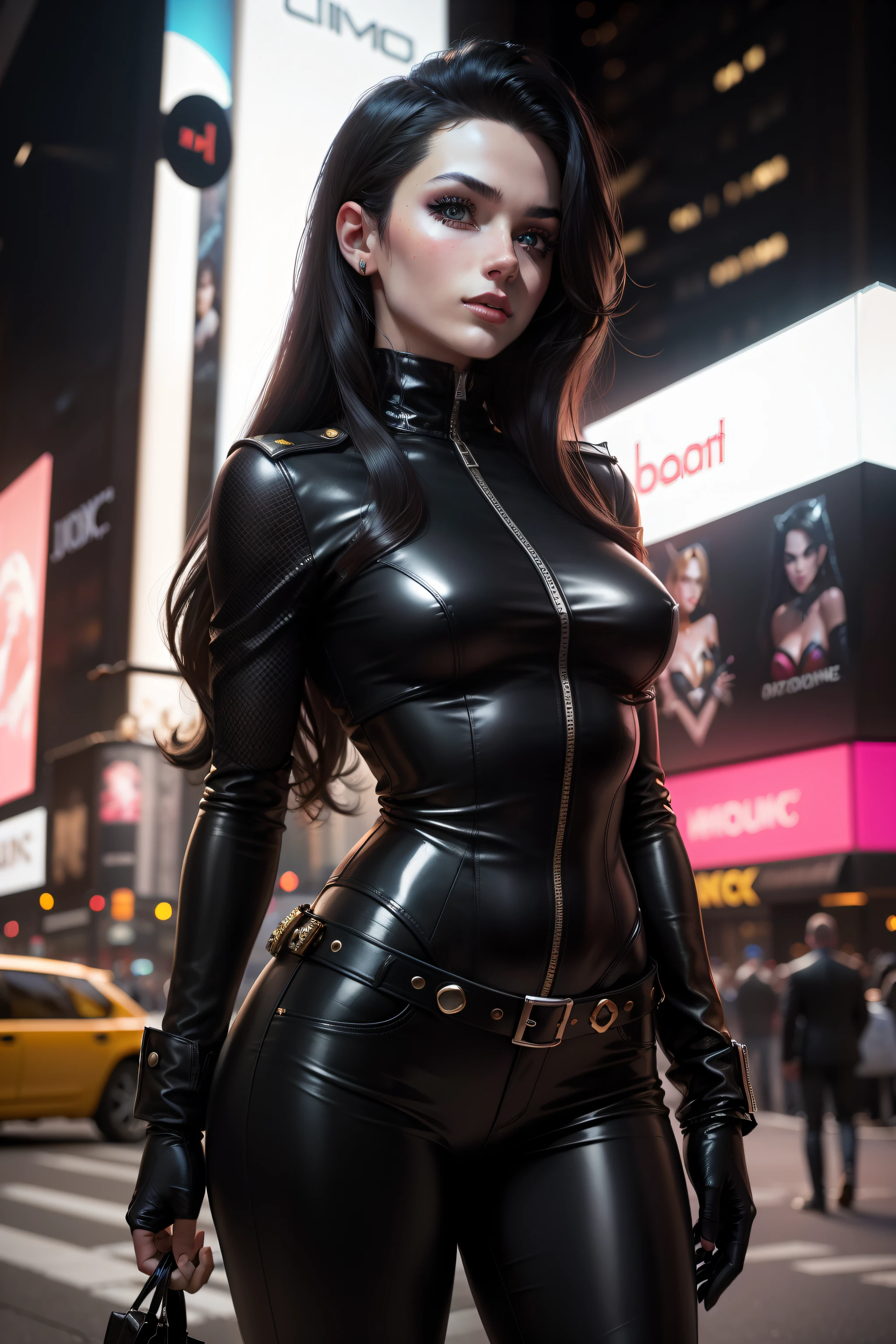 new york city, time square, character Selina Kyle, who appears in comics published by dc Comics, the anti-heroine of Batman stories. Her uniform is all black, really based on a "glossy black PVC", has white and long hair, being a beautiful young woman. Her theme in name and appearance refers to the fact that she is a "cat", that is, a thief, notably of jewelry. (best quality: 1.0), (Ultra Highres: 1.0), highly detailed face and eyes, (photorealistic: 1.2)