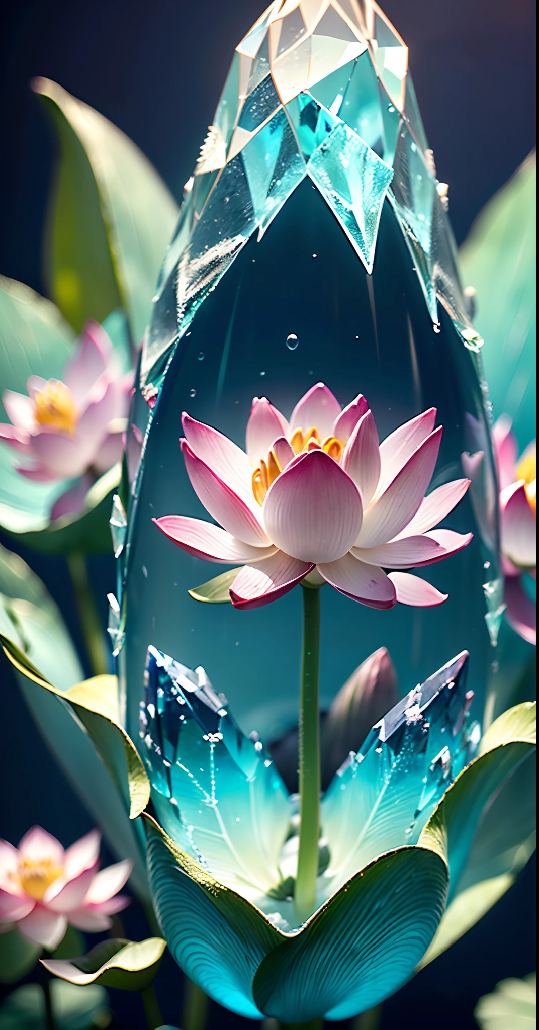 Hyper-realistic、16K High Resolution、(Maximum Sharp Focus:1.3)、(Maximum Close-up:1.5)、(Single crystal with Sakura trees inside 1.5)、(Large bokeh background、blue back light:1.3) 、(Lotus flower、icy、aqua:1.5),((colourful crystal))