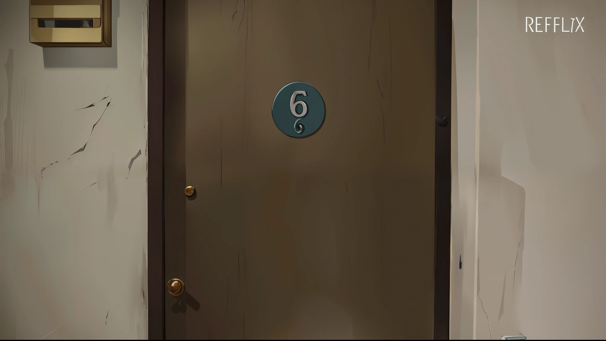 Anime scene, in front of a door room number 6