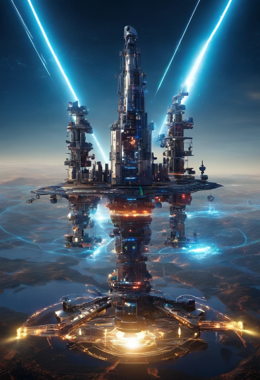 water planet viewed from high altitude, with ((five large metal derrick structures)), each with one bright narrow ((laser)) firing up into space at the same target