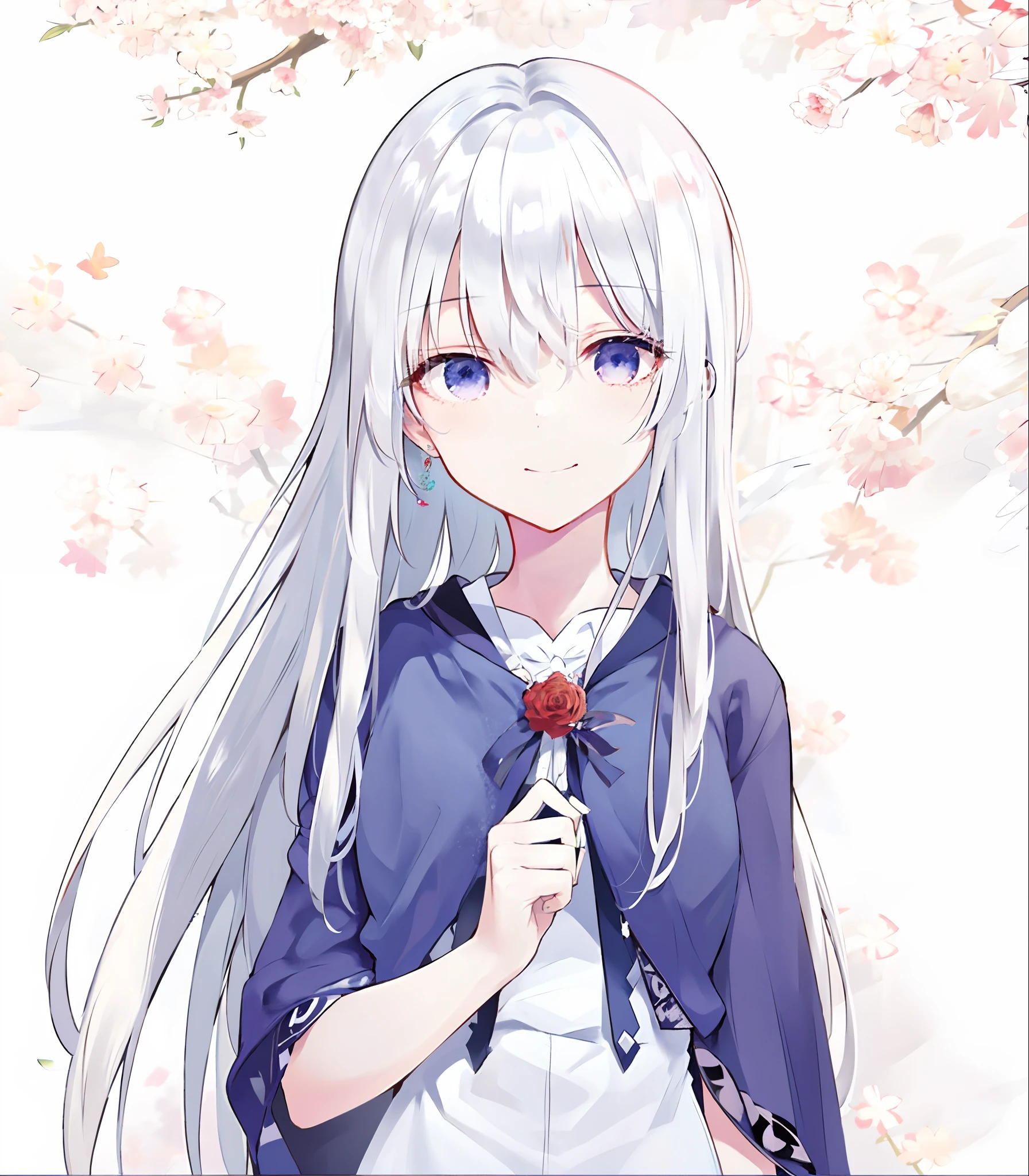 anime girl with long white hair and blue dress holding a red rose, smile, girl with white hair, perfect white haired girl, white haired deity, white haired, white haired lady, white-haired, anime visual of a cute girl, shikamimi, young anime girl, white-hair pretty face, beautiful anime girl, pretty anime girl, white - haired fox, wearing white gloves