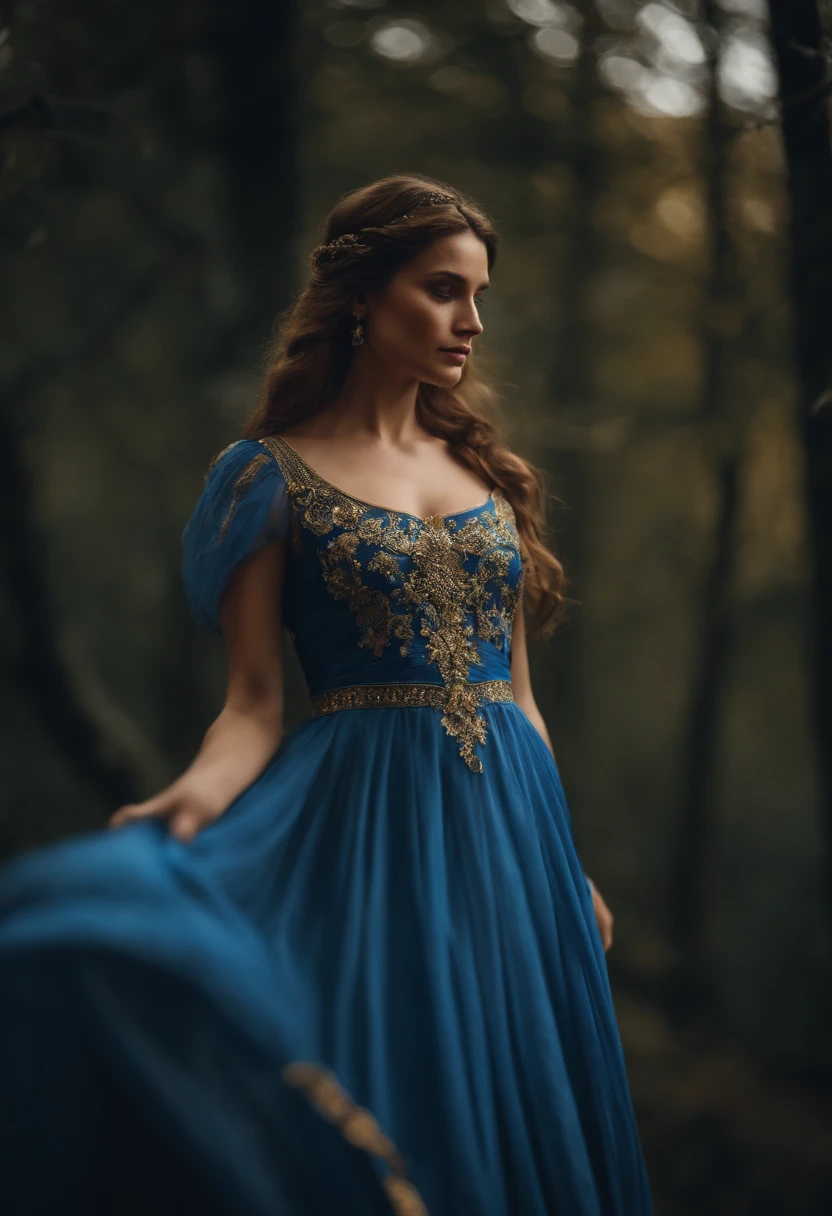 beautiful salvic women in blue fantasy dress , golden brown hair,