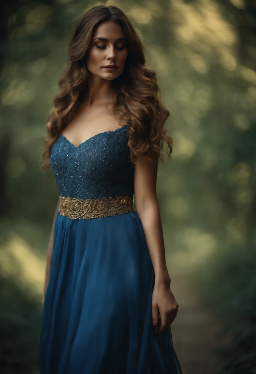 beautiful salvic women in blue fantasy dress , golden brown hair,