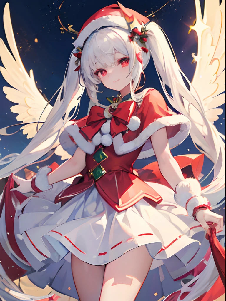(best quality, masterpiece:1.3), illustrations, anime, very high resolution, large filesize, full color, beautiful detailed glow, front light, 1girl, solo, Christmas, santa costume, (Santa hat), ((magical girl)), Christmas decorations, smiling, white hair, red eyes, (twintail), (angel wings), dynamic angle, magic, battling,
