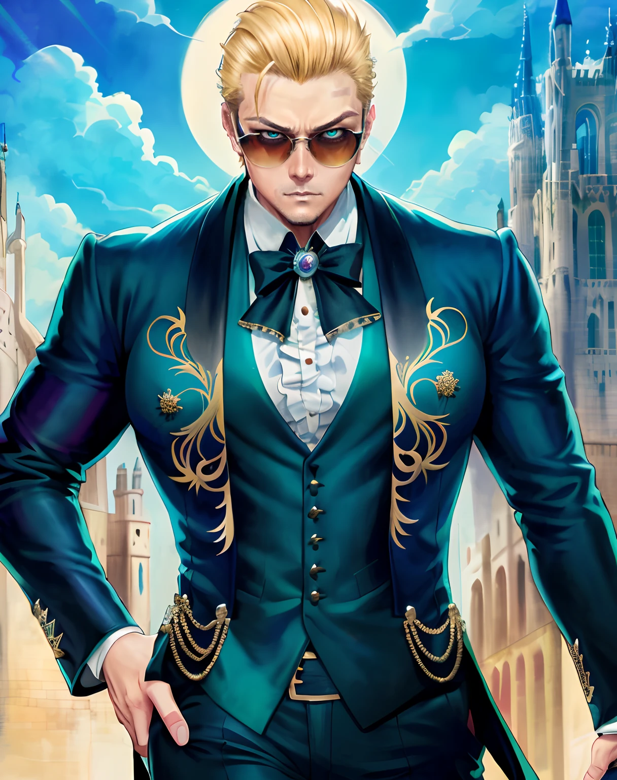 1boys, (Man), manly body, anime big breast, Extremely detailed, ultra - detailed, (Broad shoulders), (Perfect face), illustration, Soft lighting, 2D, Intricate, Cowboy shot, Detailed eyes, Blonde hair, Short hair, teal eyes, Sexy, shades, Black Tailcoat, (outside), castle towers