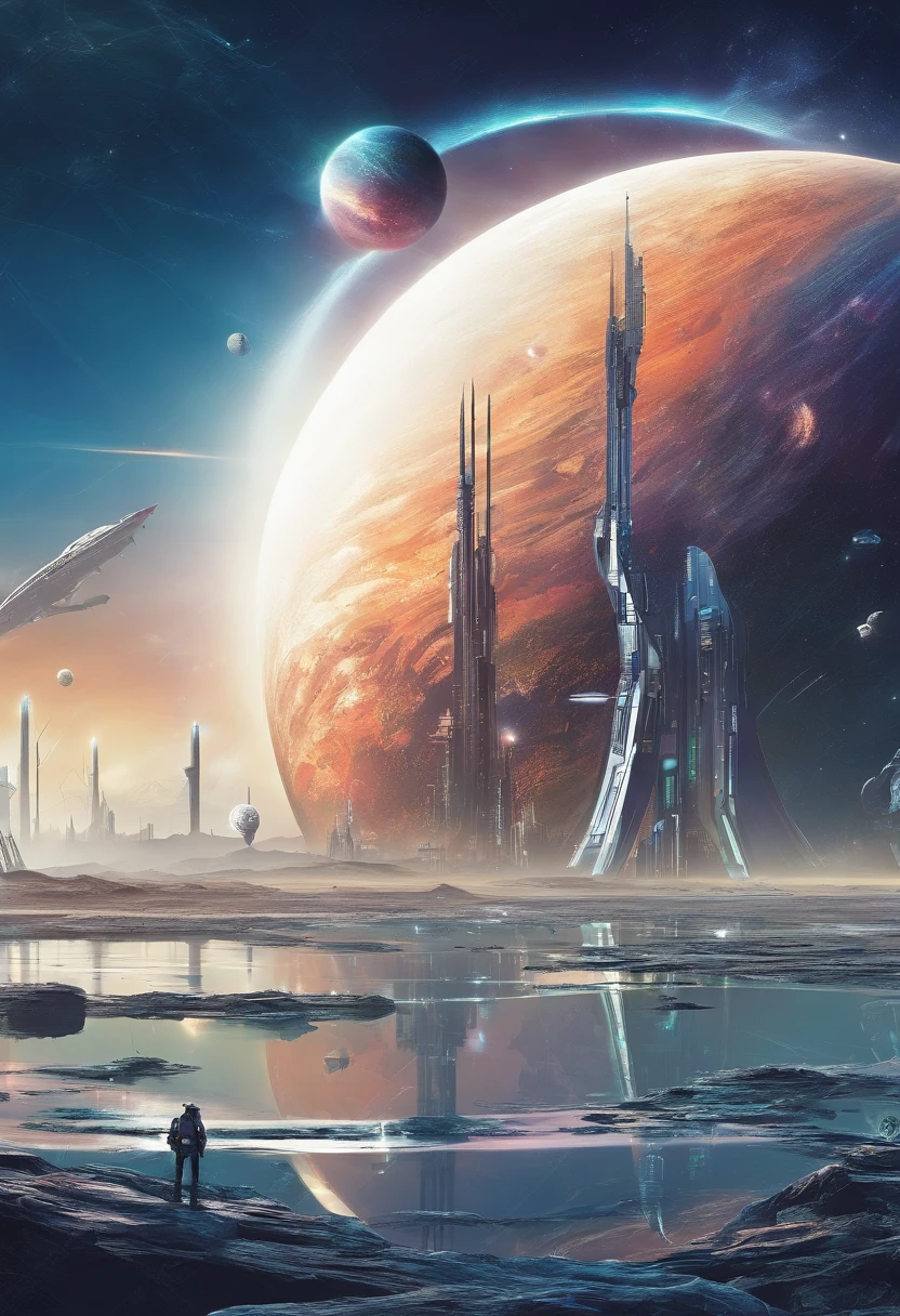 huge water planet with clear blue skies, large metal derrick structure, with a bright laser shooting up into space