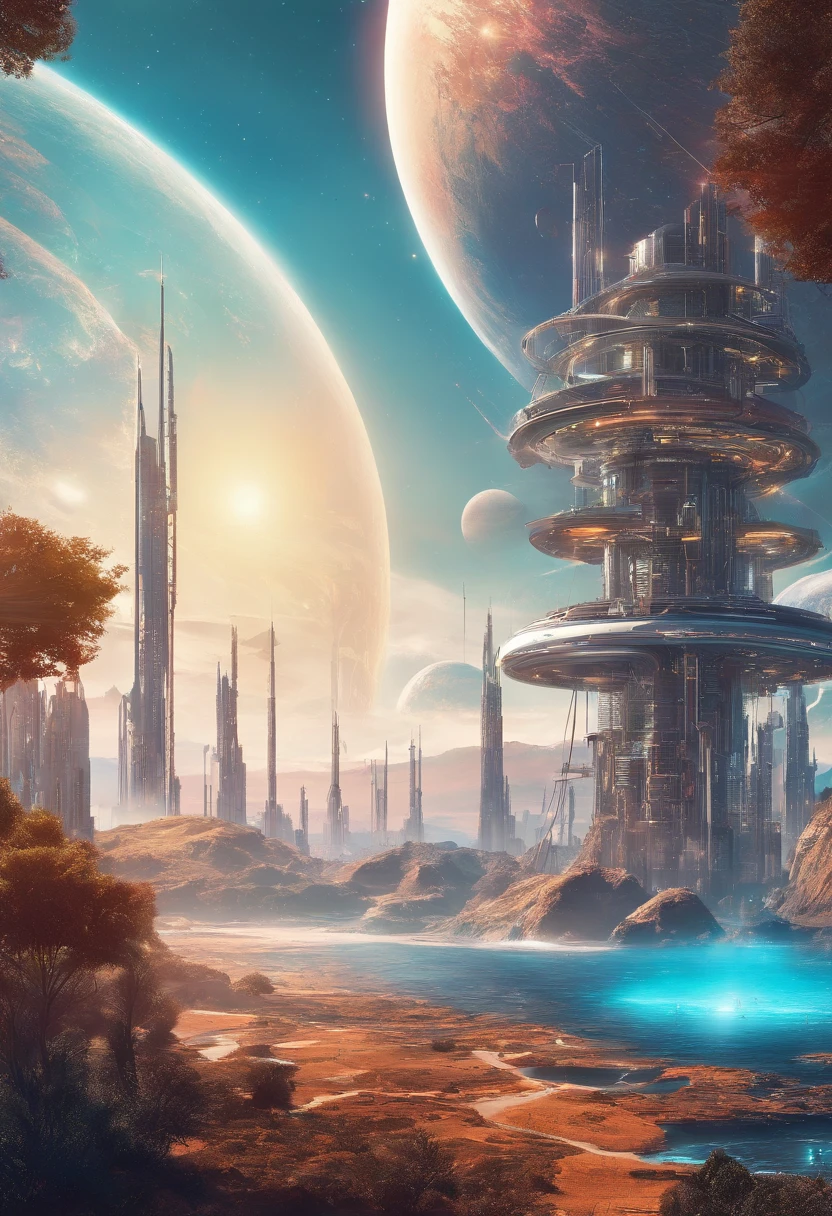 huge water planet with clear blue skies, large metal derrick structure, with a bright laser shooting up into space