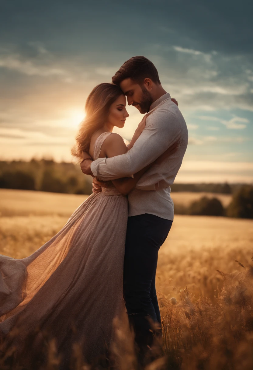 A high-resolution image showcasing the couple huddled together in a loving embrace, with the man’s arms enveloping his girlfriend, depicting their safe haven in a chaotic world, set against a serene blue backdrop.