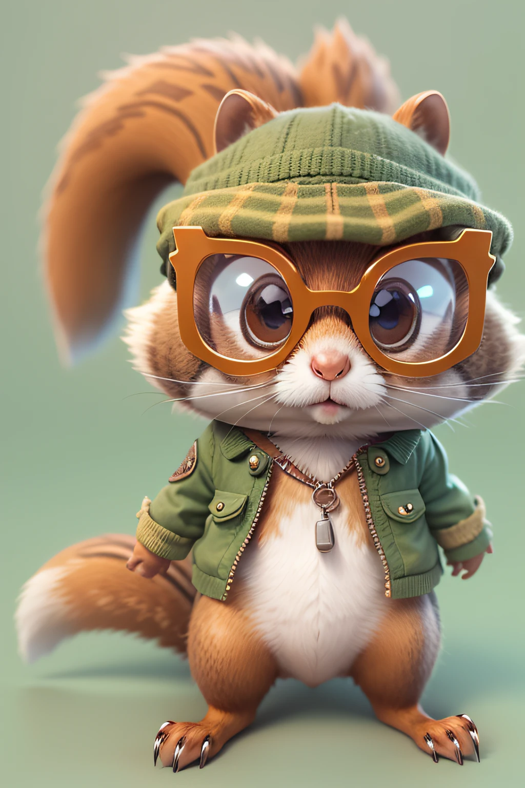 Hunter's Costume、Highly detailed 3d rendering cute ezo squirrel, Pill glasses、Children's cartoon style, extremely detailed texture, Soft and smooth texture, without background.