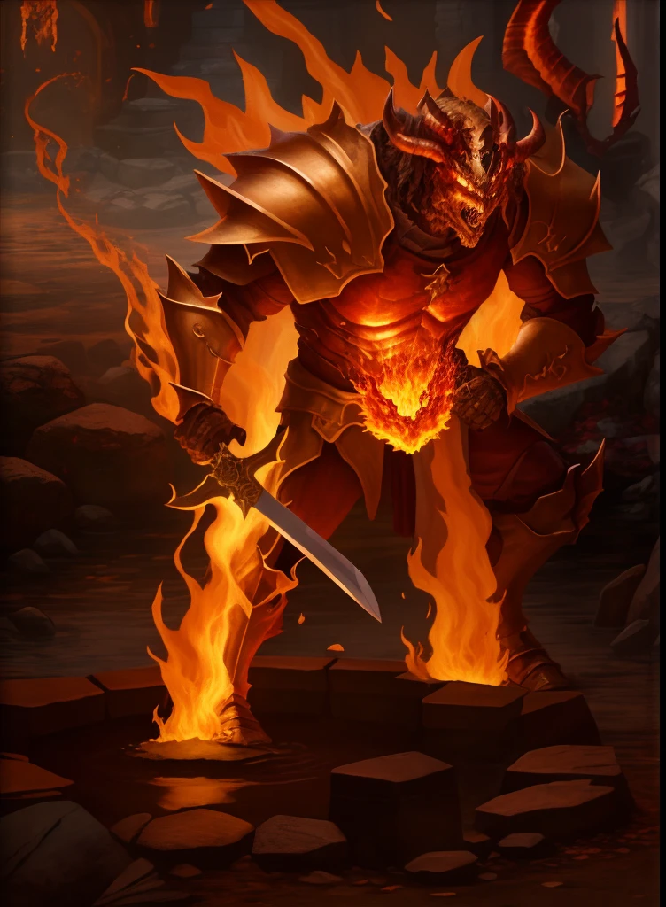 Close-up of fire demon holding a sword in Stone District, flame conjuring armored, ruler of inferno, black fire color reflected armor, fire demon, pyromancer, Diablo, fire giant, Demon armor, minotaur from path of exile, Diablo 2, Diablo 4, firemage, lord of cinder, Red demon armor, holy flame spell