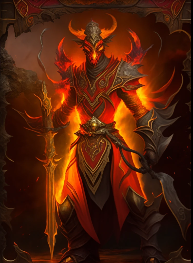 Close-up of fire demon holding a sword in Stone District, flame conjuring armored, ruler of inferno, black fire color reflected armor, fire demon, pyromancer, Diablo, fire giant, Demon armor, minotaur from path of exile, Diablo 2, Diablo 4, firemage, lord of cinder, Red demon armor, holy flame spell