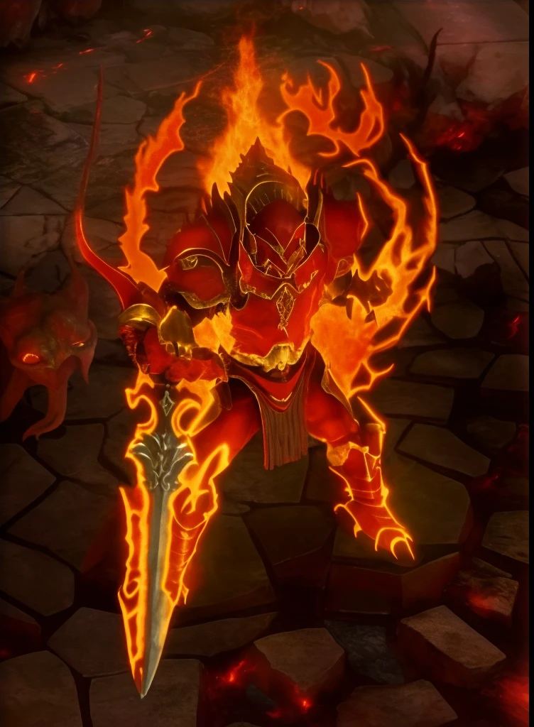 Close-up of fire demon holding a sword in Stone District, flame conjuring armored, ruler of inferno, black fire color reflected armor, fire demon, pyromancer, Diablo, fire giant, Demon armor, minotaur from path of exile, Diablo 2, Diablo 4, firemage, lord of cinder, Red demon armor, holy flame spell