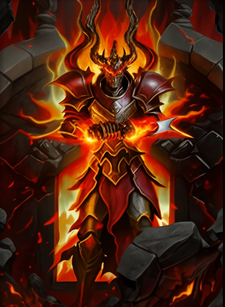 Close-up of fire demon holding a sword in Stone District, flame conjuring armored, ruler of inferno, black fire color reflected armor, fire demon, pyromancer, Diablo, fire giant, Demon armor, minotaur from path of exile, Diablo 2, Diablo 4, firemage, lord of cinder, Red demon armor, holy flame spell