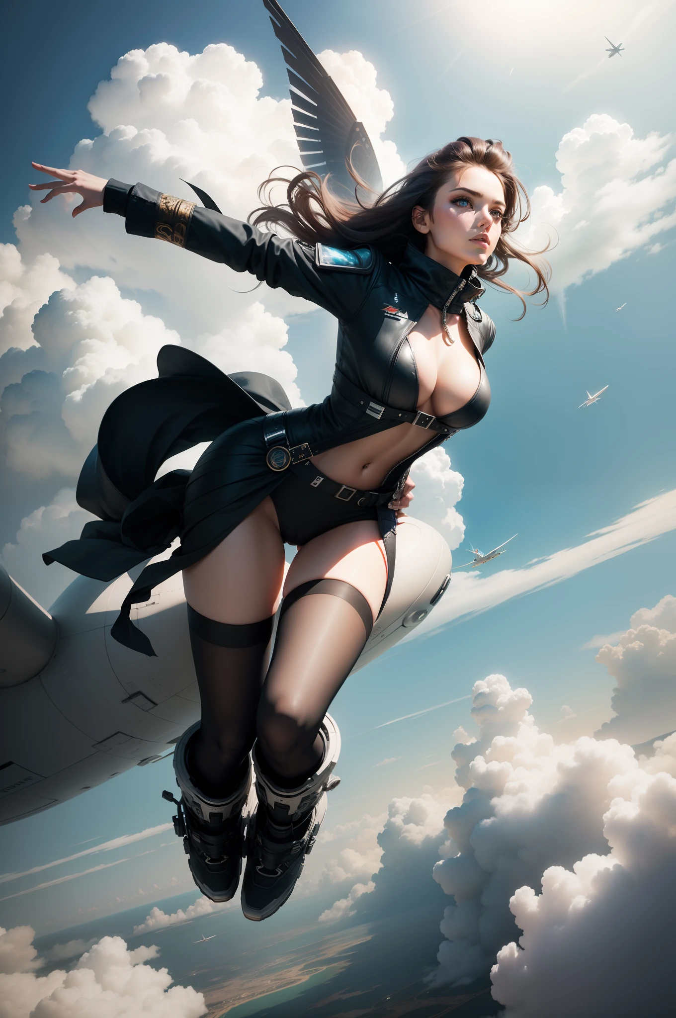 sci fi female fashion model flying in the clouds