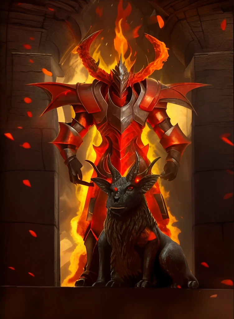 Close-up of fire demon holding a sword in the stone area, flame conjuring armored, ruler of inferno, black fire color reflected armor, fire demon, pyromancer, Diablo, fire giant, Demon armor, minotaur from path of exile, Diablo 2, Diablo 4, firemage, lord of cinder, Red demon armor, holy flame spell