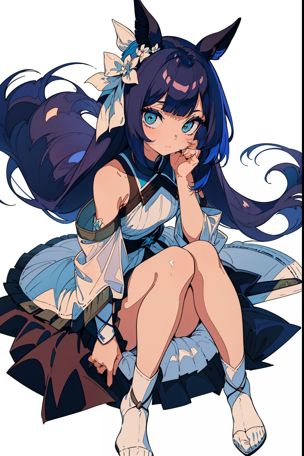 Best Quality:1.3, Extremely detailed, illustratio: 1.3, Concept art:1.2,1girl in,((Uma Musume Full Body Illustration)),、(((White background)))、(full_Body)、(From head to foot), (extremely delicate and beautiful fabric), Cute face, sparking eyes ,Lots of details, eye shadow, ((Indigo hair)),(((Dark blue hair))),((asymmetrical bangs)),Long hair,detailed clothes,Long hair,(Horse ears),(Umamusume),((petite girl in)),vacant eyes,Silent eyes,Dark eyes、Quiet dress、Hydrangea hair ornament