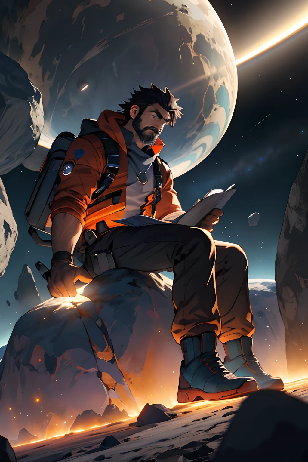 Draw a young programmer, sitting on a research platform floating in the middle of an asteroid belt. He is studying with a notebook, surrounded by several asteroids glowing with fiery auras. Dramatic lighting from distant stars and planets illuminates the scene, casting deep shadows on the suit. The young man looks confident and determined, looking at the vast and mysterious universe with wonder and respect,facial hair, cowboy shot,