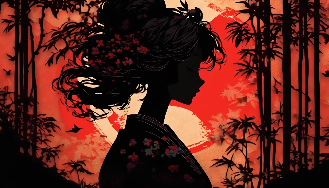 (Silhouette Art,cutouts:1.6)
(((Paper cutting art,A world where only black exists:1.3)

(Cowboy Shot),1 girl,Solo,
(Kimono Girl,profile:1.2),white, Clear and beautiful face,

BREAK
(red dragonfly)
Textured glass background,