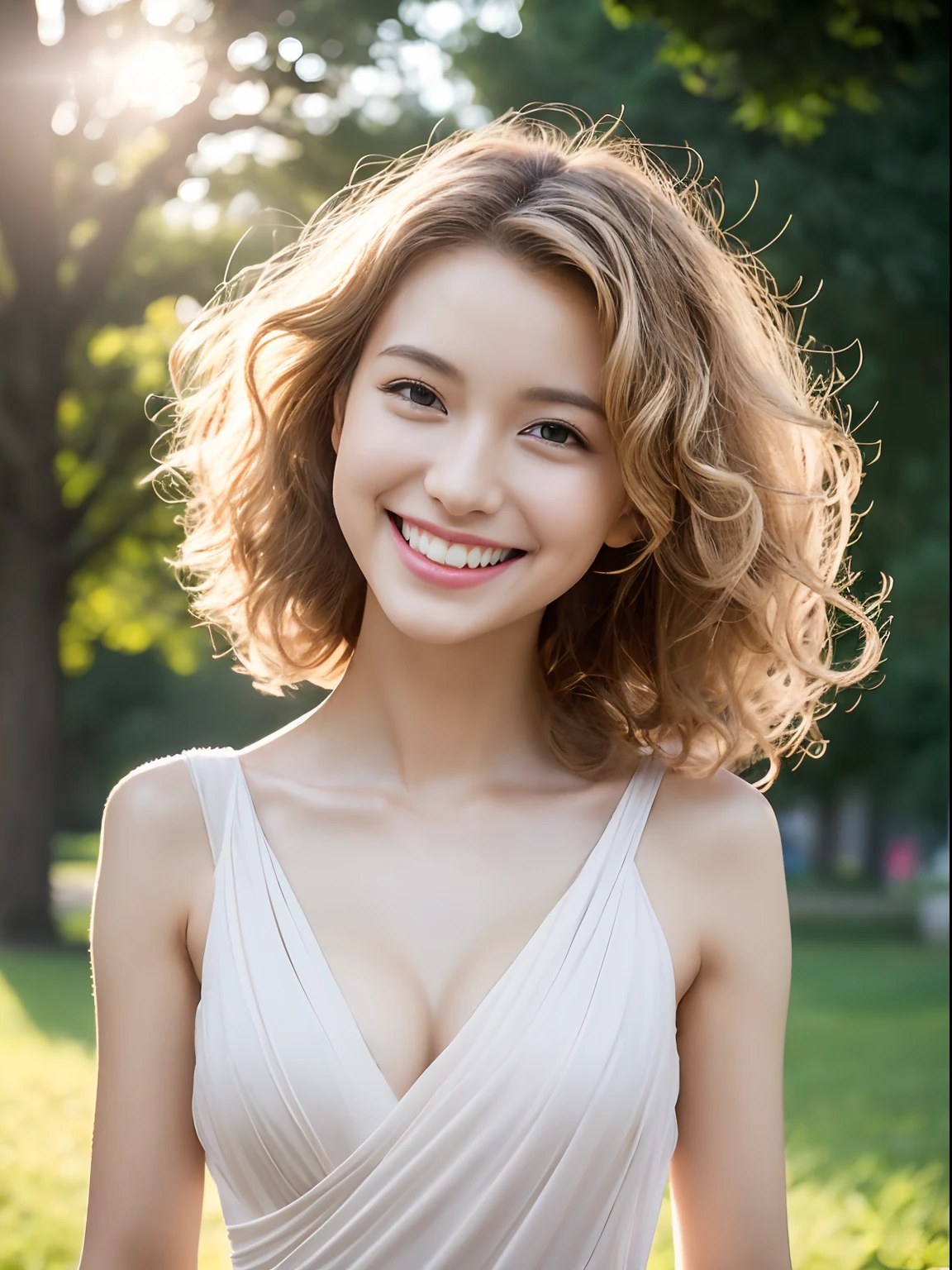 ((fully body photo))、((Photorealsitic))、((Slim body)),(((Quite small bust))),((depth of fields)),Fantastical、Backlit lighting、Sexy Summer Dresses、dark blond hair、gradation hair、Curly hair、1 female、In a city park,((((Smiling))))、Model body type、sandal