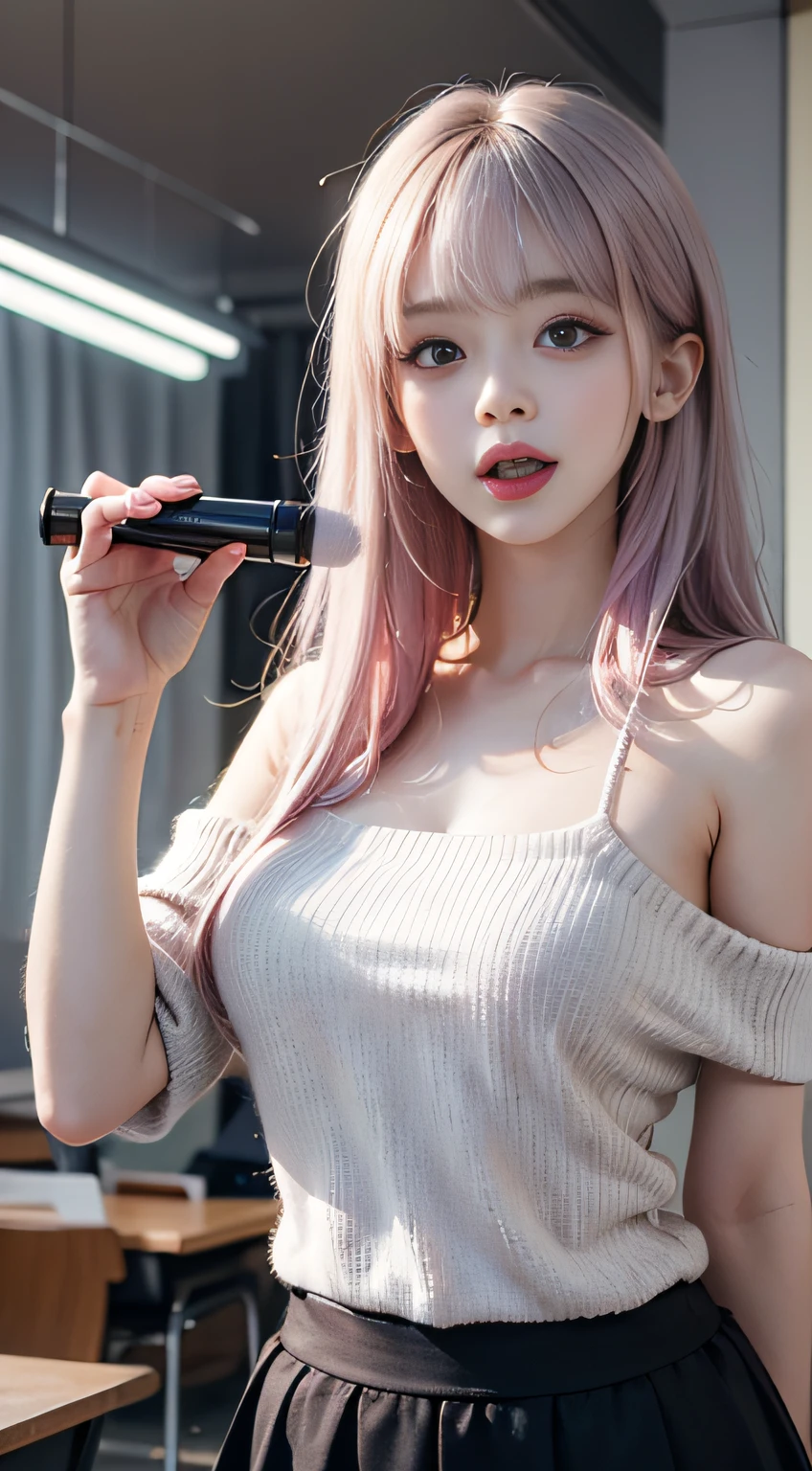 （Woman Standing In Office District）1 girl, Silver hair, striated hair, Bangs, Blunt bangs, Long hair, Pink hair, aqua eyes, longeyelashes, Purple eyes, makeup,（(yawning))、 Smile, Parted lips, Realism, Verism, surrealism, depth of fields, One-person viewpoint, F/1.8, 135 mm, canon, nffsw, retinas, masutepiece, ccurate, Anatomically correct, Textured skin, Super Detail, high details, High quality, Best Quality, hight resolution, 1080p, hard disk, 4K, 8K, （whitish coarse short sweater,,）Floats off the shoulders、off shoulders、Black tight skirt、