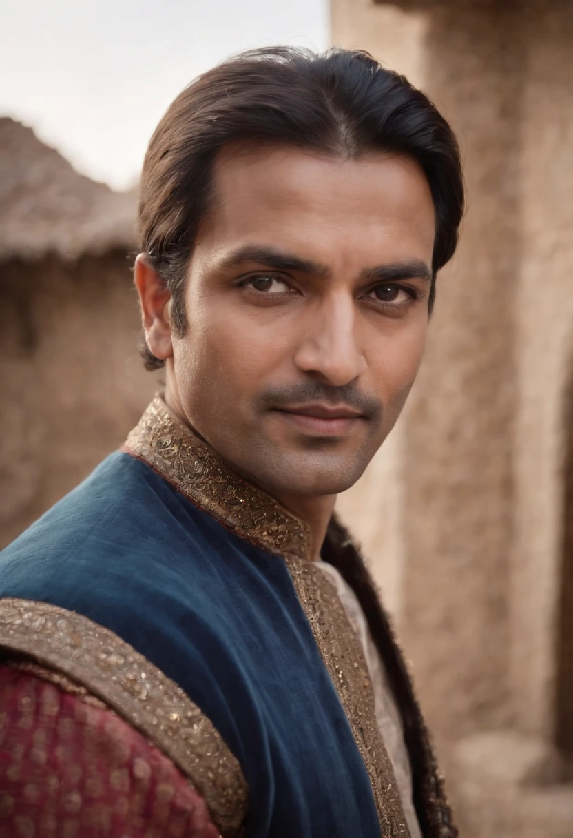 Mughal king, five foot seven inch height, strongly built dark complexion, man around 45 years old, natural black hair, distinctive blue eyes, wearing a kings cloths, slender and graceful, beautiful, candlelight in a medieval setting, ultra sharp focus, realistic shot, medieval female clothes, tetradic colors (scar:1.4)