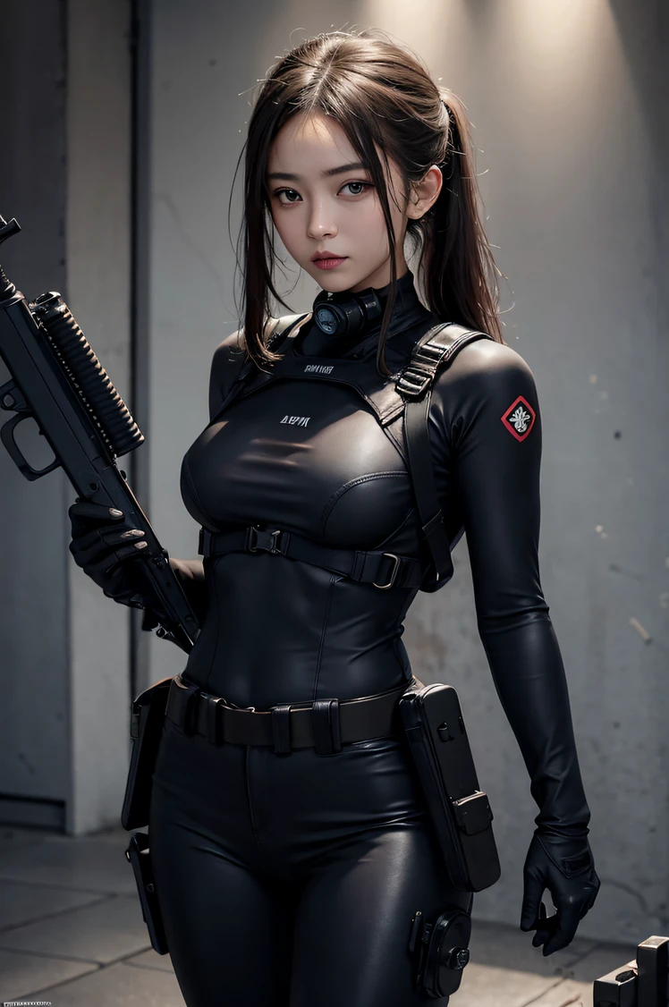((realistic)), (ultra detailed), (masterpiece), (best quality), (((photorealism))), RAW, canon r6, ((hyperrealistic)), 4k quality, super 8k, realistic, skin texture, realistic skin texture, full body, sharp, dramatic lights, shadows,((((1 girl))), ((solo)), T, (((perfect beautiful face))), bright realistic eyes, (navy blue background), 1girl aiming with an assault rifle, Combat pose, looking at the camera, (Detailed face), short hair, (wearing red rubber suit, tactical vests, military harness, black gloves, high-tech headset), cloths color based on black dark blue), revealed thigh, Gun, Fingers are occluded,