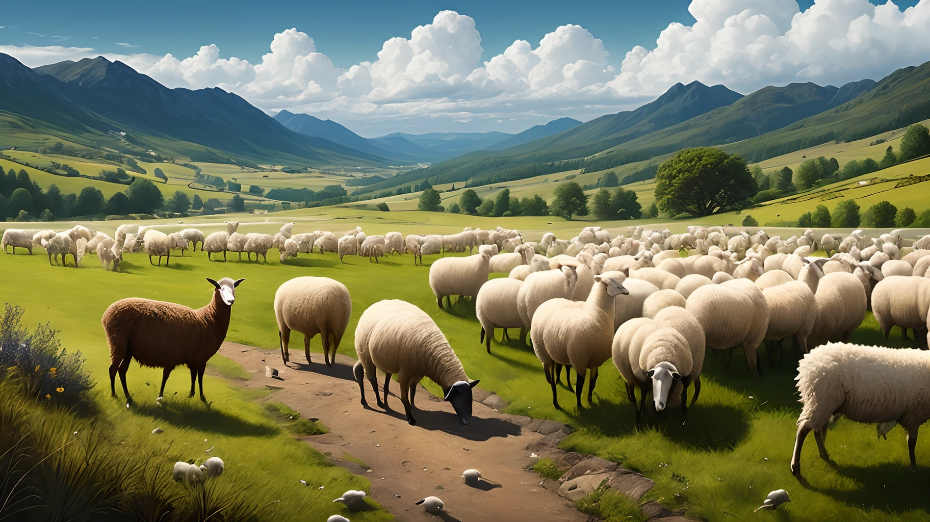 Shepherd with a flock of sheep, green land, outstanding landscape, peaceful place, realistic, artgem, wlop