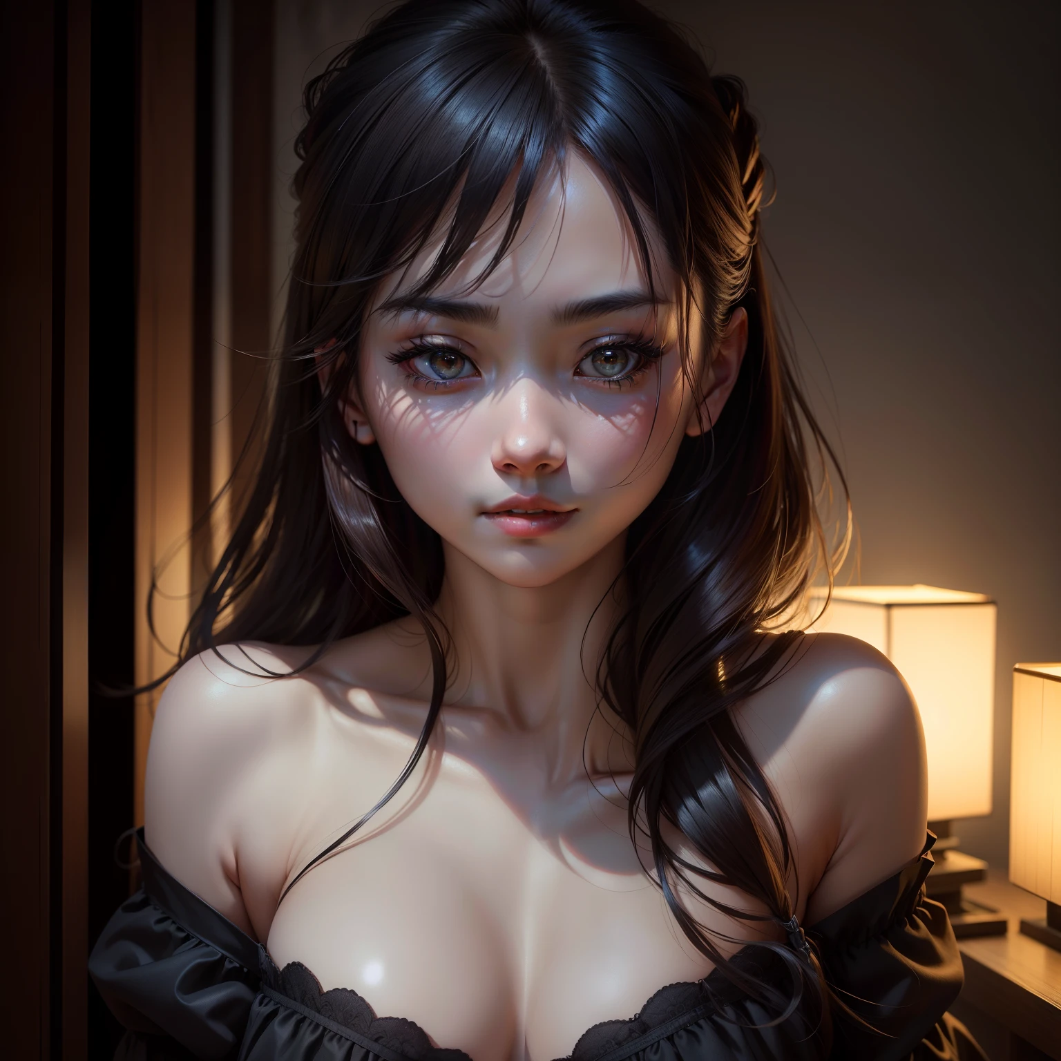 Best quality, Masterpiece, 超高分辨率, (Photorealistic:1.4), RAW photo, 1girll, offshoulder, In the dark, deepshadow, low tune, Cold light, Detailed skin,nakeness