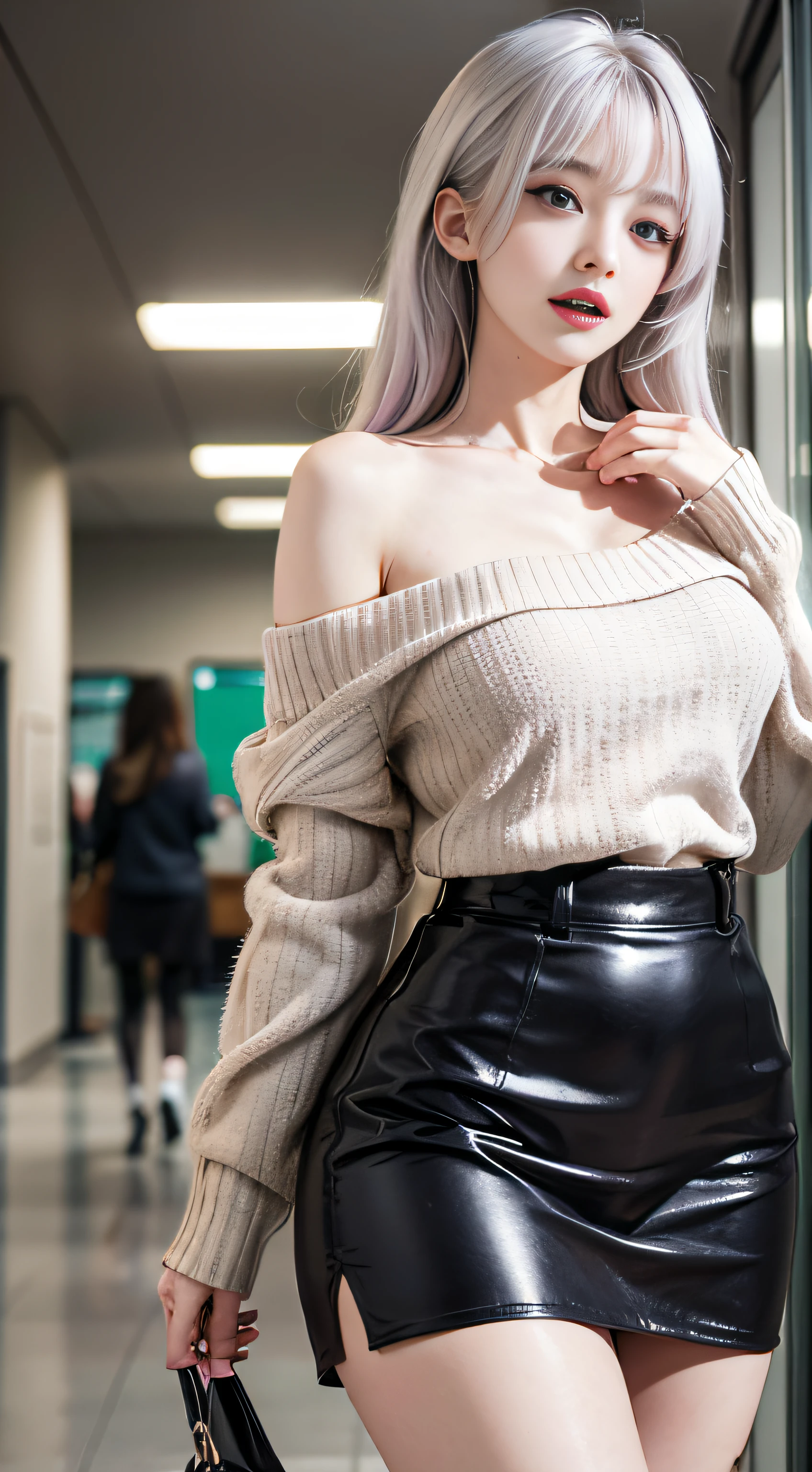 （Woman Standing In Office District）1 girl, Silver hair, striated hair, Bangs, Blunt bangs, Long hair, Pink hair, aqua eyes, longeyelashes, Purple eyes, makeup,（(yawning))、 Smile, Parted lips, Realism, Verism, surrealism, depth of fields, One-person viewpoint, F/1.8, 135 mm, canon, nffsw, retinas, masutepiece, ccurate, Anatomically correct, Textured skin, Super Detail, high details, High quality, Best Quality, hight resolution, 1080p, hard disk, 4K, 8K, （whitish coarse short sweater,,）Floats off the shoulders、off shoulders、Black tight skirt、
