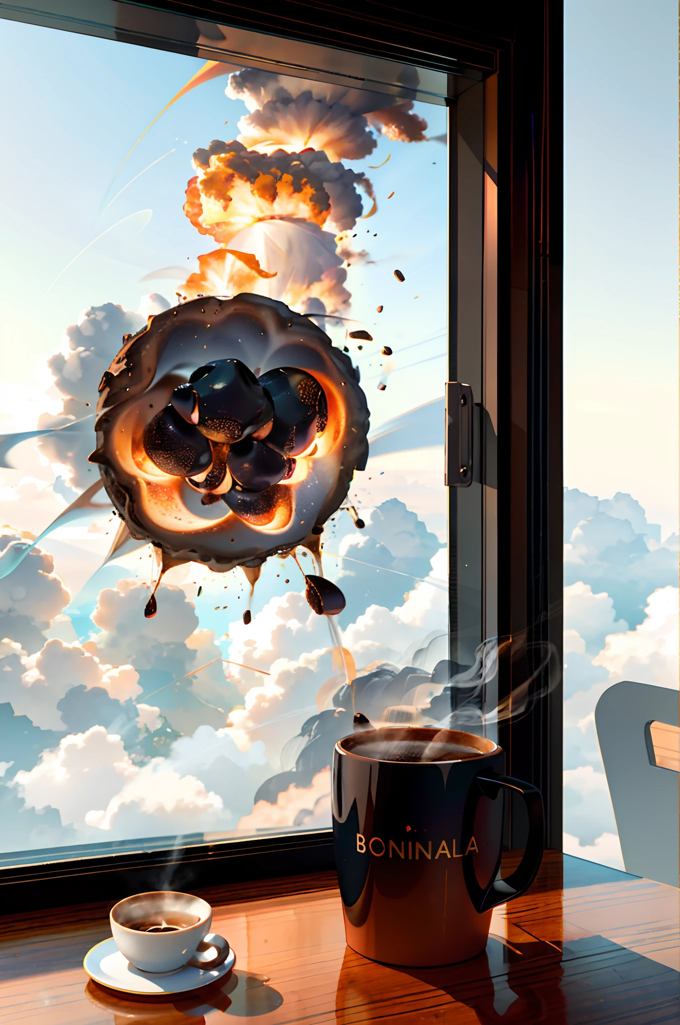 A steaming hot cup of coffee with the words “Bom dia!” in a nuclear explosion coming out from above, coffee beans falling everywhere, on a table background with a city view through the window, 3D rendering, 3d render, photo, typography, cinematic