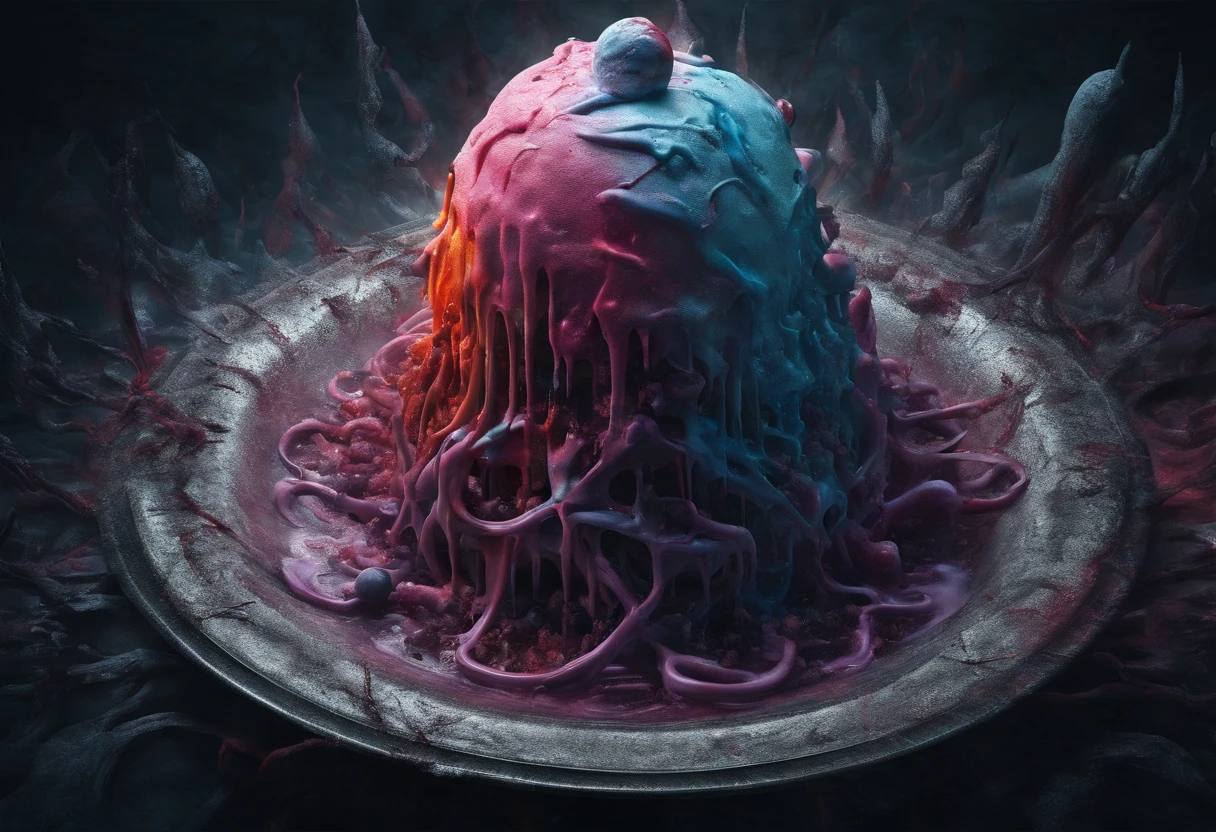 ice cream wolrd., huge ice cream cake, surreal, fractal, abstract geometry, (the most beautiful form of chaos:1.4) (vivid colors:1.4), (octane render:1.4)