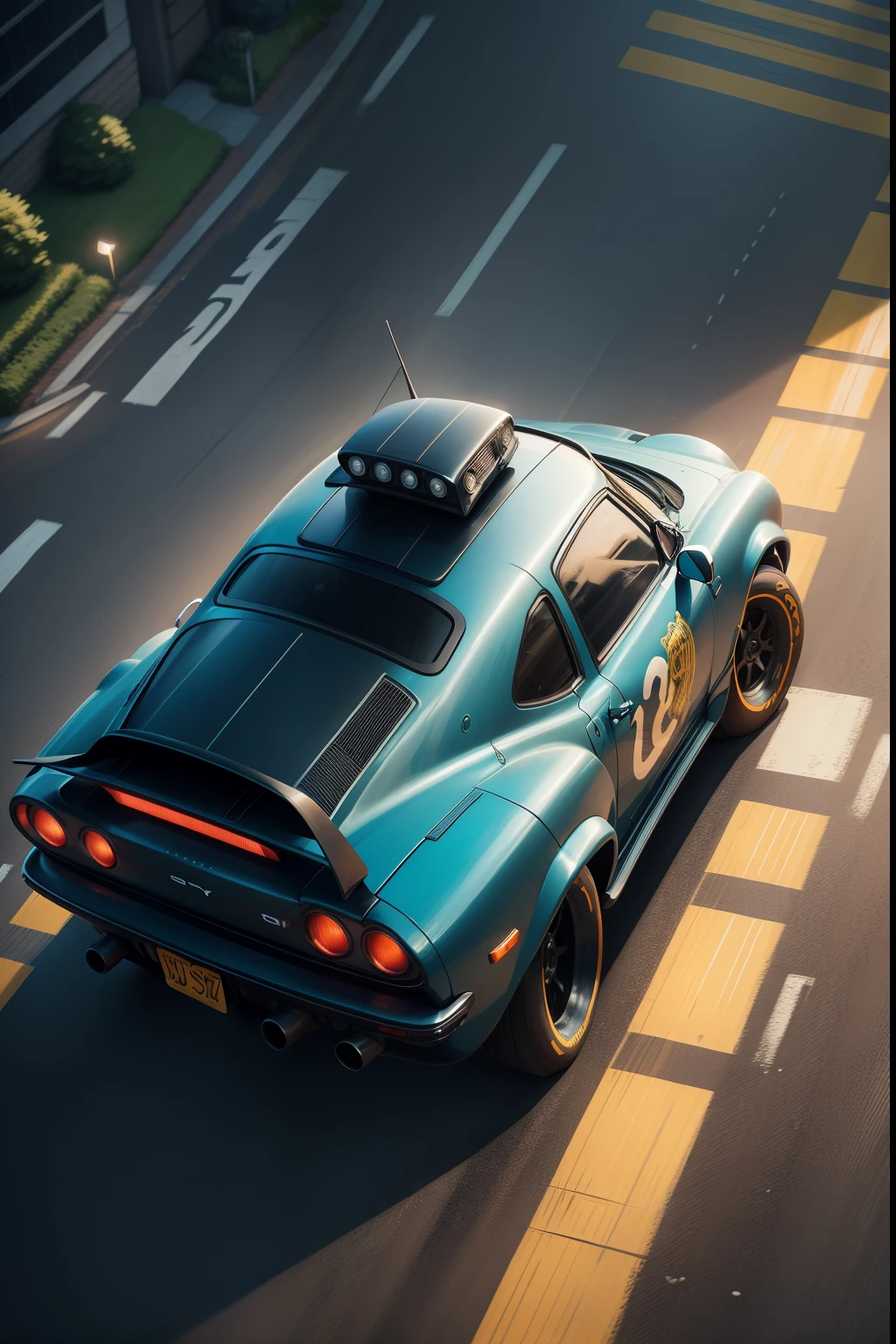 Racing game pictures，Game illustration，The car is on the road, down view，cars on the road, 2 d game, Car chase,City road background, intersection, Car transportation, racing, isometric game, car chase scene, crossing road, cyber punk style，The car of the future