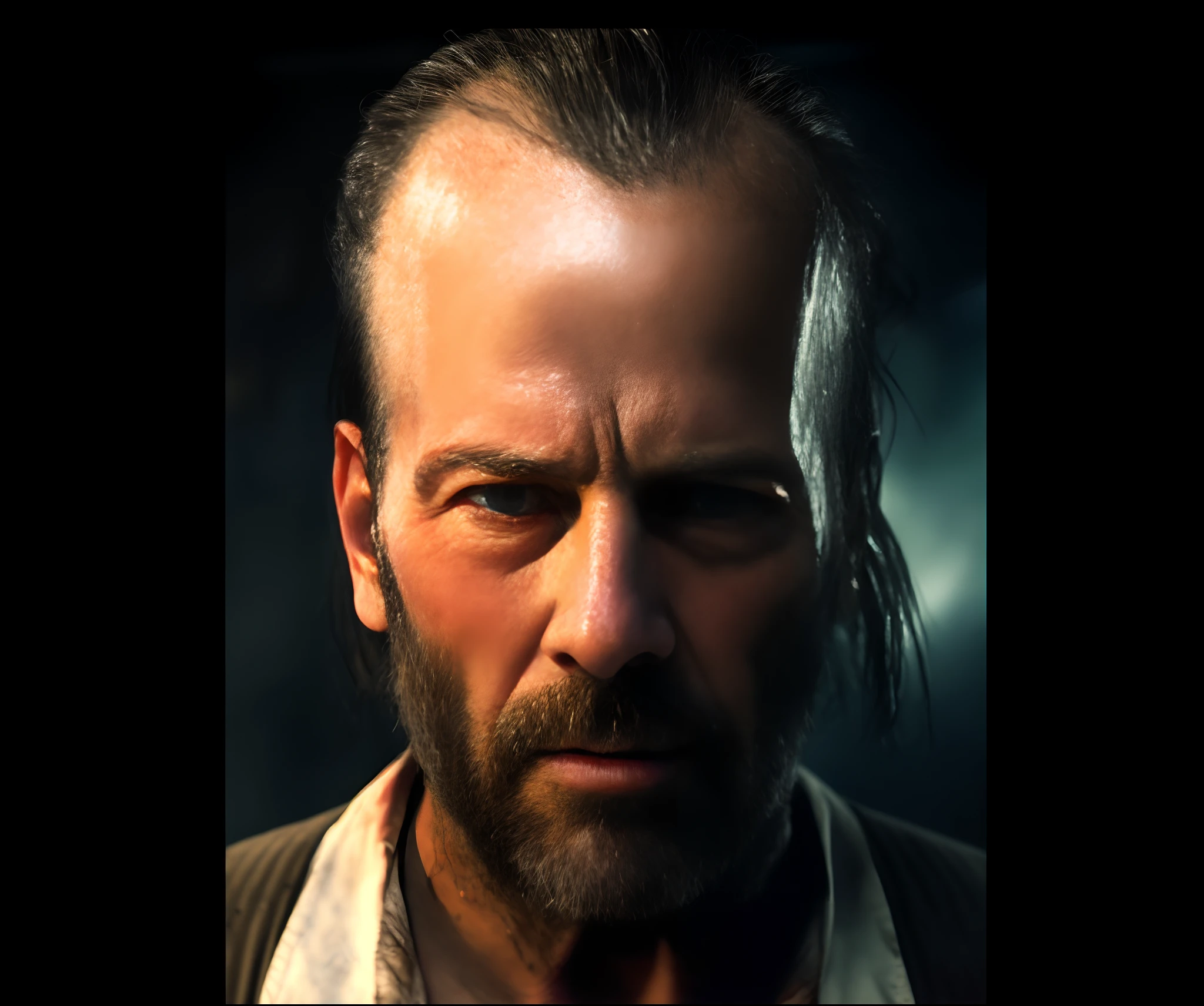 a close up of a man with a beard and a white shirt, cinematic realistic portrait, jack baker from resident evil 7, realistic face moody lighting, 8k portrait render, ultra realistic concept art, arnold maya render, 8 k uhd character details, highly detailed vfx portrait, 4k concept art and hyper realism, 8k highly detailed face, unreal engine character art