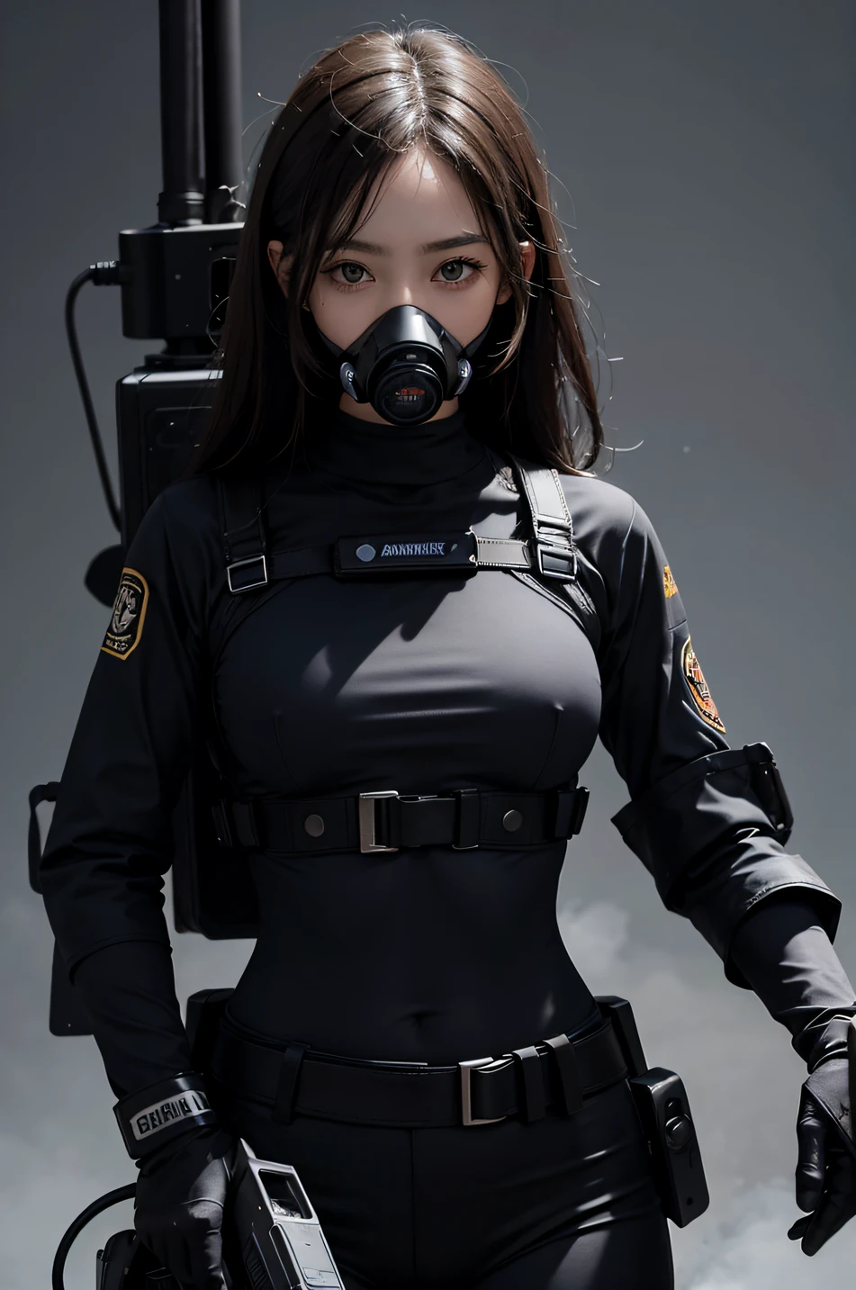 Highest image quality, outstanding details, ultra-high resolution, (realism: 1.4), ((close up:0.75)), highly condensed 1 lady, with beautiful and a delicate face, perfect proportion, aiming the viewer, ((aiming the viewer)), (chubby:0.3, small breasts), (cloths color base ratio black:0.4 white:0.5 other-color:0.1), (wearing rash-guard likes police uniform, black and gray mecha, wearing high-tech heavy gasmask, military harness, holding a machinegun, carrying hich-tech-flamethrower -tank on back), captain, background simple gray wall,