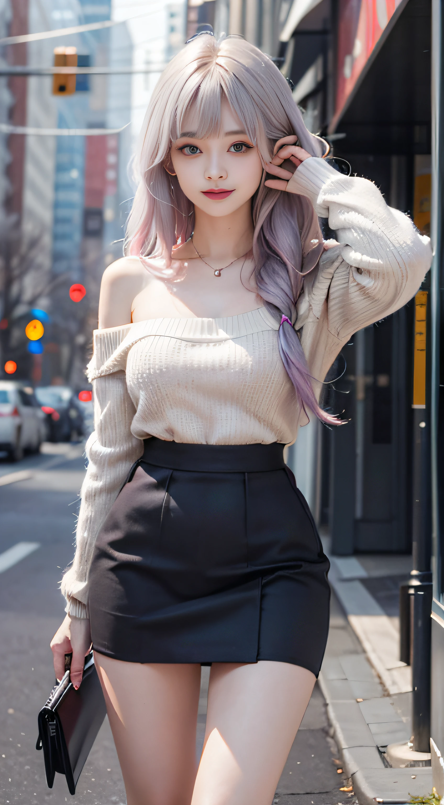 （Woman Standing In Office District）1 girl, Silver hair, striated hair, Bangs, Blunt bangs, Long hair, Pink hair, aqua eyes, longeyelashes, Purple eyes, makeup, Smile, Parted lips, Realism, Verism, surrealism, depth of fields, One-person viewpoint, F/1.8, 135 mm, canon, nffsw, retinas, masutepiece, ccurate, Anatomically correct, Textured skin, Super Detail, high details, High quality, Best Quality, hight resolution, 1080p, hard disk, 4K, 8K, （whitish coarse short sweater,）Floats off the shoulders、off shoulders、Black tight skirt、