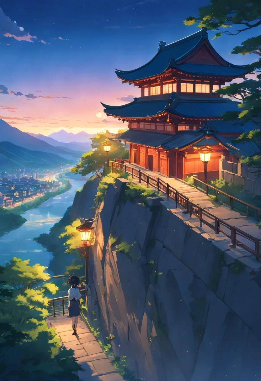 Best quality, Masterpiece, 超高分辨率, (photograph realistic:1.4), surrealism, Dream-like,fusionart, Shadowdancer, shadow magic,Red-eyed, Black-haired vampire,Dilapidated castle in the background,pov from above,4K, scenery, Mountain, No Man, Outdoors, sky, Night, architecture, east asian architecture, lantern, Cloud, tree, Building, house,rivers,Fluorescent butterfly, rim-light,Low moonshine,