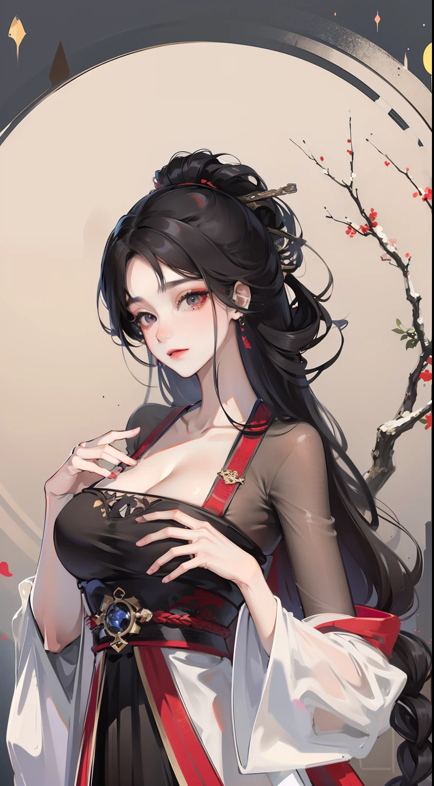 Chinese girl showing off sexy pose，writhing，Delicate facial features，Heroic，Charming，（There are embroideries on the clothes：1.4），outside，black in color，Chinese Hanfu，Chinese Traditional Cloth，a matural female，Feminine，The upper part of the chest is exposed，cleavage，Tall again，8K，super-fine，tmasterpiece，Detailed pubic hair，dynamic viewing angle，Fine depiction of the face，Arms open