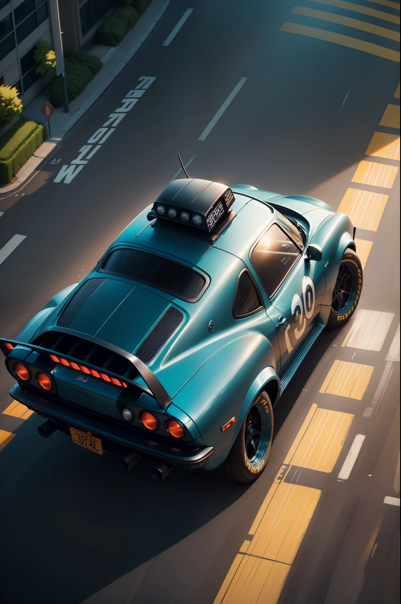 Racing game pictures，Game illustration，The car is on the road, down view，cars on the road, 2 d game, car chase,City road background, intersection, Car transportation, racing, isometric game, car chase scene, crossing road, cyber punk style，The car of the future