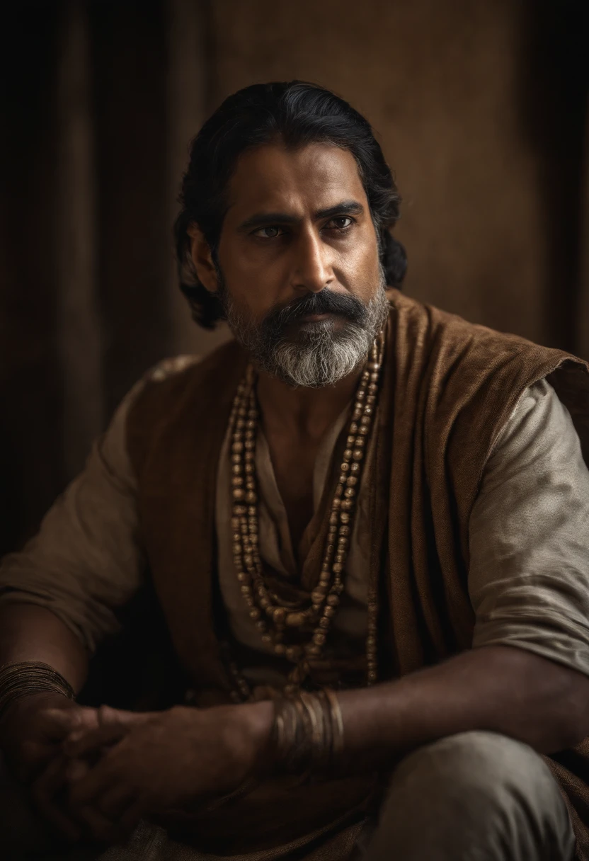 Mughal king, has a big scar on his left eye, five foot seven inch height, strongly built, dark complexion, man around 45 years old, natural black hair, distinctive blue eyes, wearing a kings cloths, slender and graceful, beautiful, candlelight in a medieval setting, ultra sharp focus, realistic shot, mughal male clothes, tetradic colors (scar:1.4)