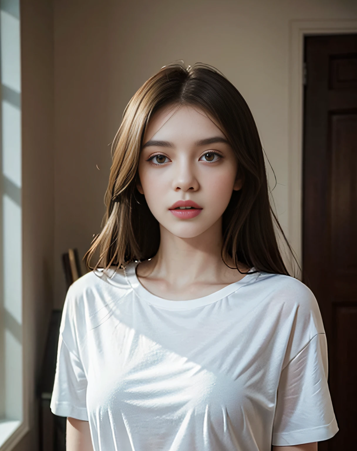 Arad woman in white T-shirt poses for a photo, Plain look, portrait sophie mudd, Plain young girl, Hailee Steinfeld,Miranda Cole,anna nikonova aka newmilky, anya taylor - joy vampire queen, Natural expression