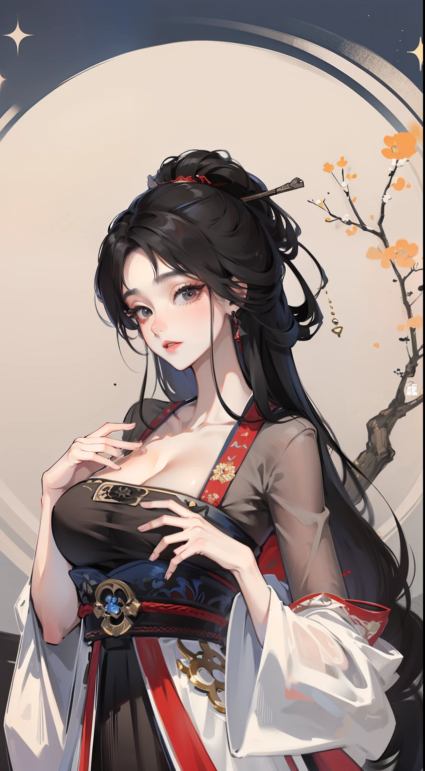 Chinese girl showing off sexy pose,writhing,Delicate facial features,Heroic,Charming,(There are embroideries on the clothes:1.4),outside,black in color,Chinese Hanfu,Chinese Traditional Cloth,a matural female,Feminine,The upper part of the chest is exposed,cleavage,and tall,8K,super-fine,tmasterpiece,Detailed pubic hair,dynamic viewing angle,Fine depiction of the face